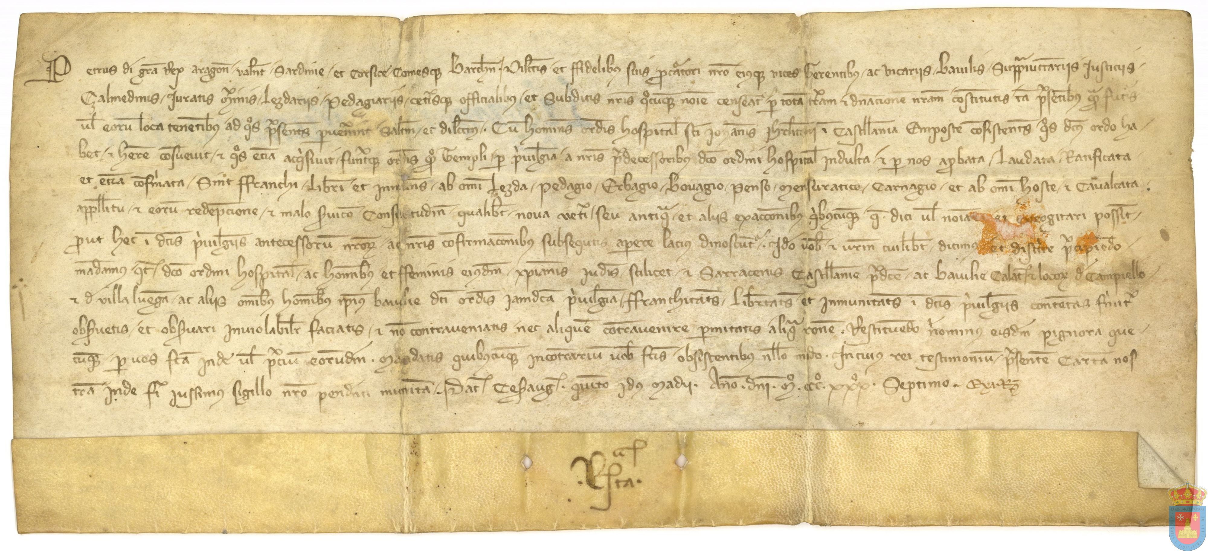 Pedro IV, rey de Aragón, recuerda a las autoridades aragonesas las exenciones tributarias de la Orden de San Juan de Jerusalén, extensivas a sus subditos y en especial a los de la Bailía de Calatayud.