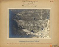 Cuenca del río Aragón. Sección 1ª. Trabajos de corrección en el torrente Epifanio. Paramento posterior del dique de primer orden nº 2 empezado a aterrar por una tormenta durante su construcción