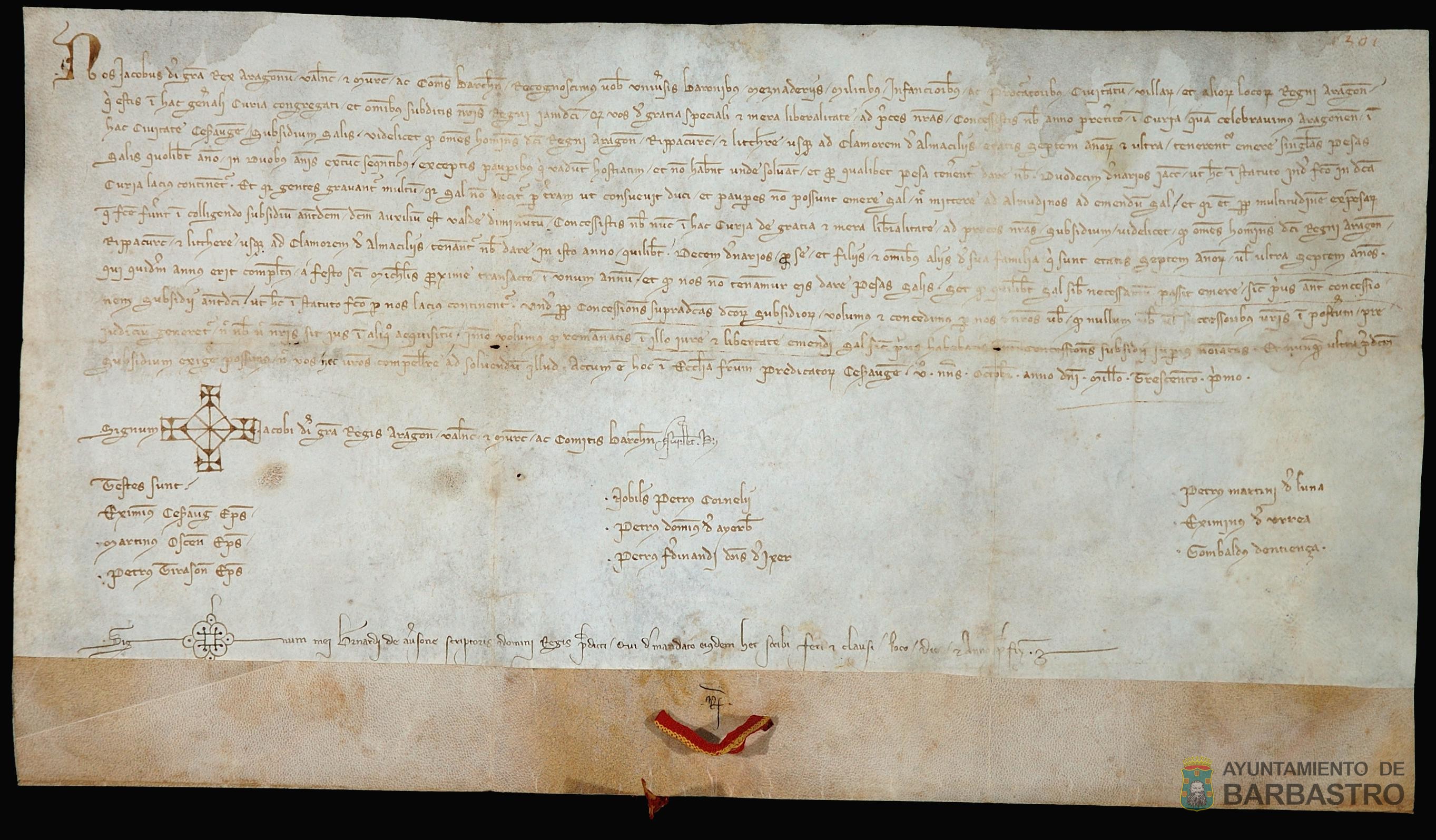 Jaime II ordena que el subsidio de la sal de doce dineros jaqueses pagaderos por cada habitante mayor de siete años y durante dos años, acordado el año anterior para pagar sus deudas, sea en este año de diez dineros jaqueses por cada miembro de la familia que tenga siete o más años.