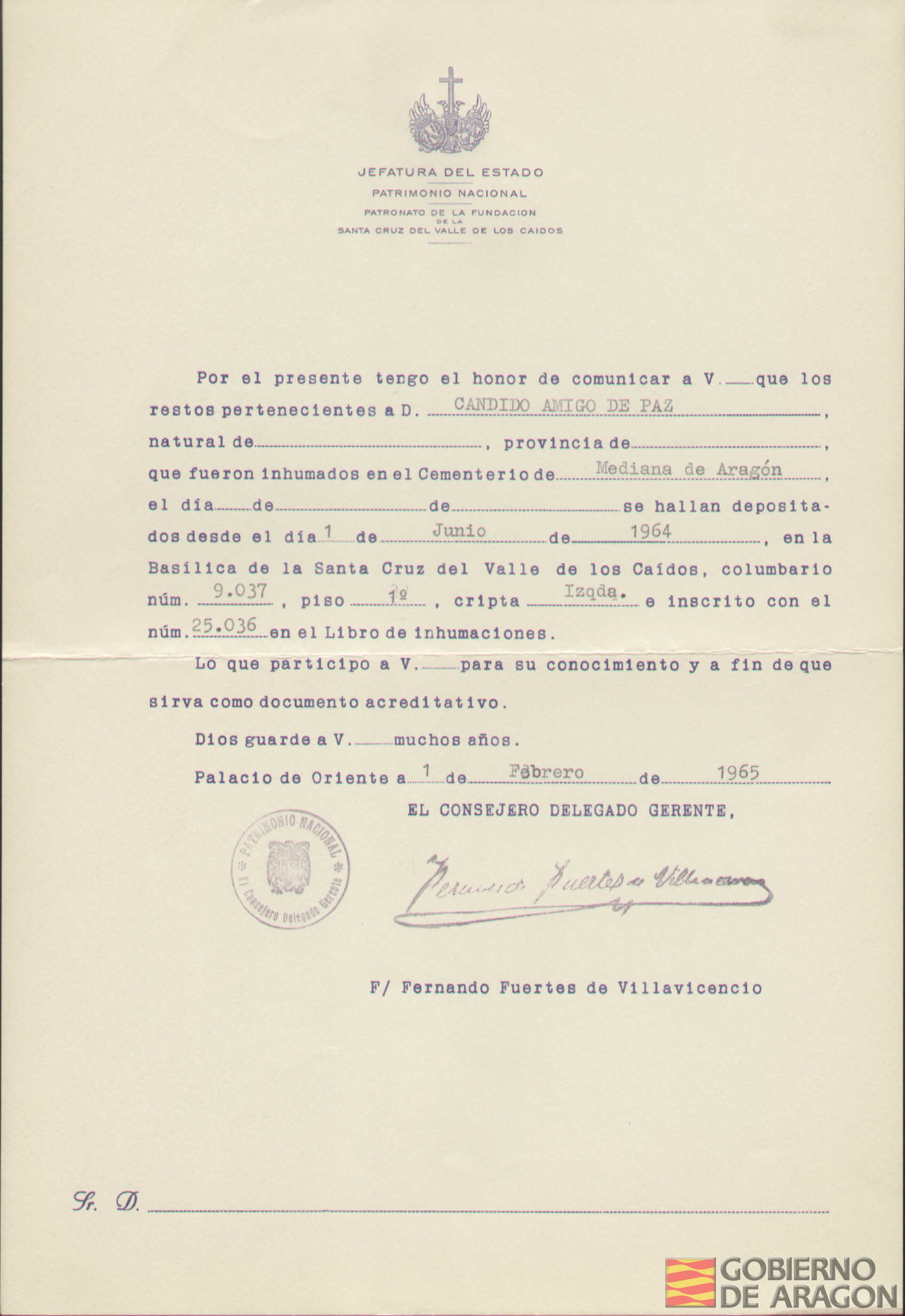 Traslado al Valle de los Caídos de los restos mortales de Cándido Amigo de Paz el día 1 de junio de 1964