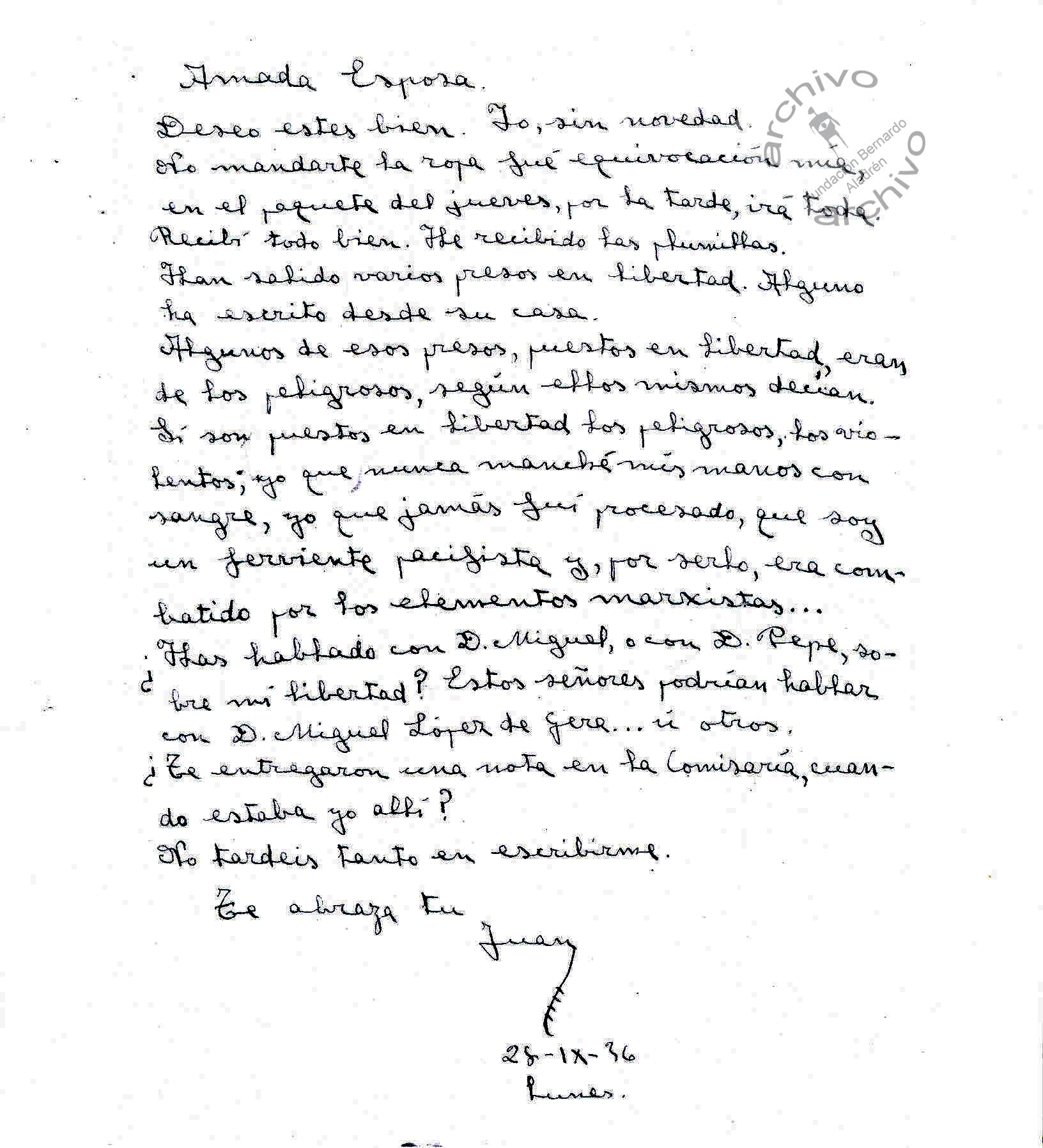 Cartas escritas por Juán Beraza Cortés (Presidente de la Sociedad de Obreros Panaderos de Zaragoza, La Panificadora) desde la Cárcel de Zaragoza en el verano de 1936 tras ser detenido como consecuencia del Golpe de Estado e inicio de la Guerra Civil, dirigidas a su mujer e hija. Describe su situación personal como preso, y ofrece consejos a su pequeña hija. Donadas por Familiares de Juan Beraza gracias a la intermediación de José Butera