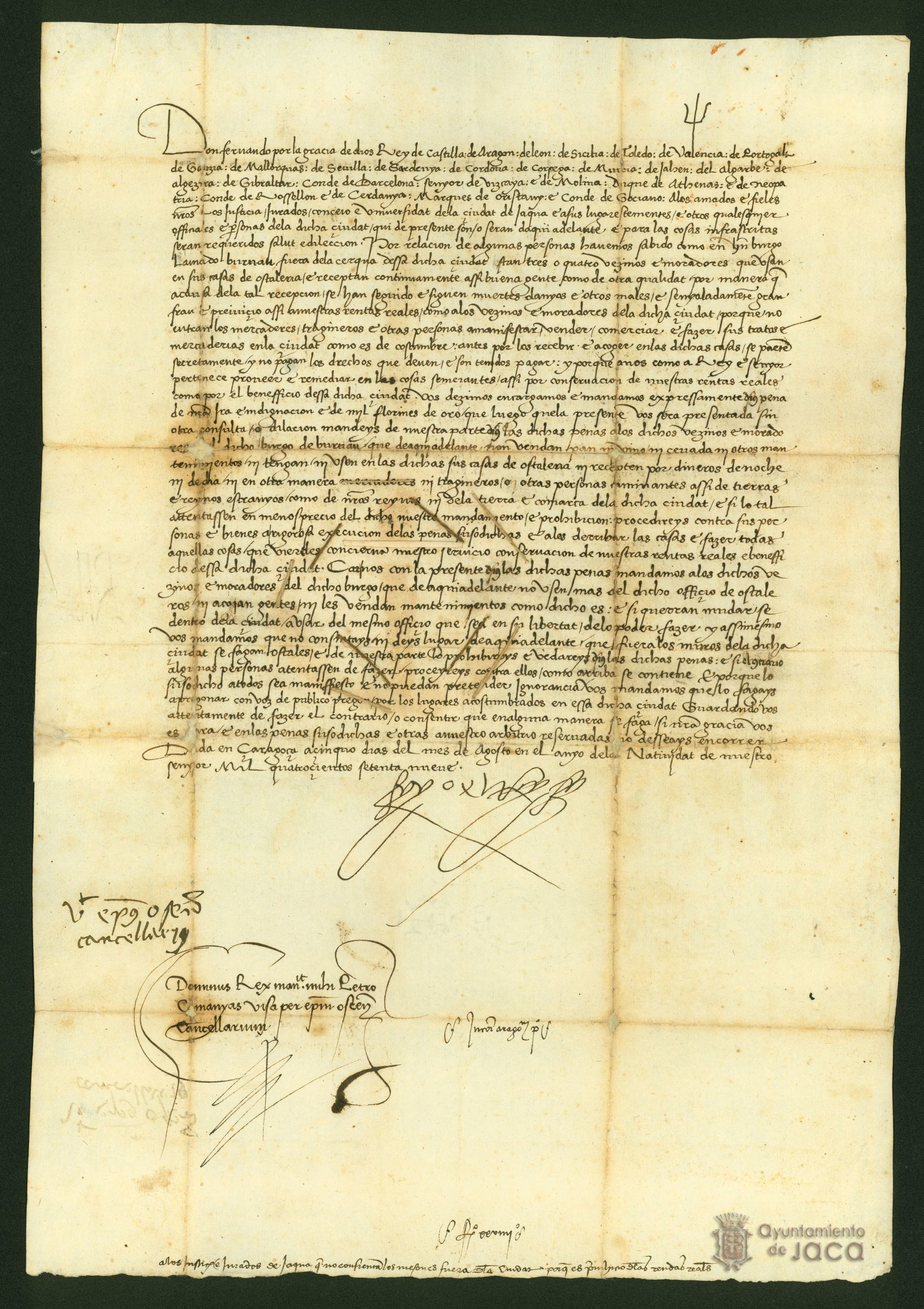 Fernando II establece pena de 1000 florines de oro a las casas extramuros que hacen la función de hospedería, puesto que supone menos rentas para él y para la ciudad de Jaca, al no entrar los visitantes en la ciudad. Asimismo les prohibe hospedar visitantes, y venderles pan, vino o cebada.