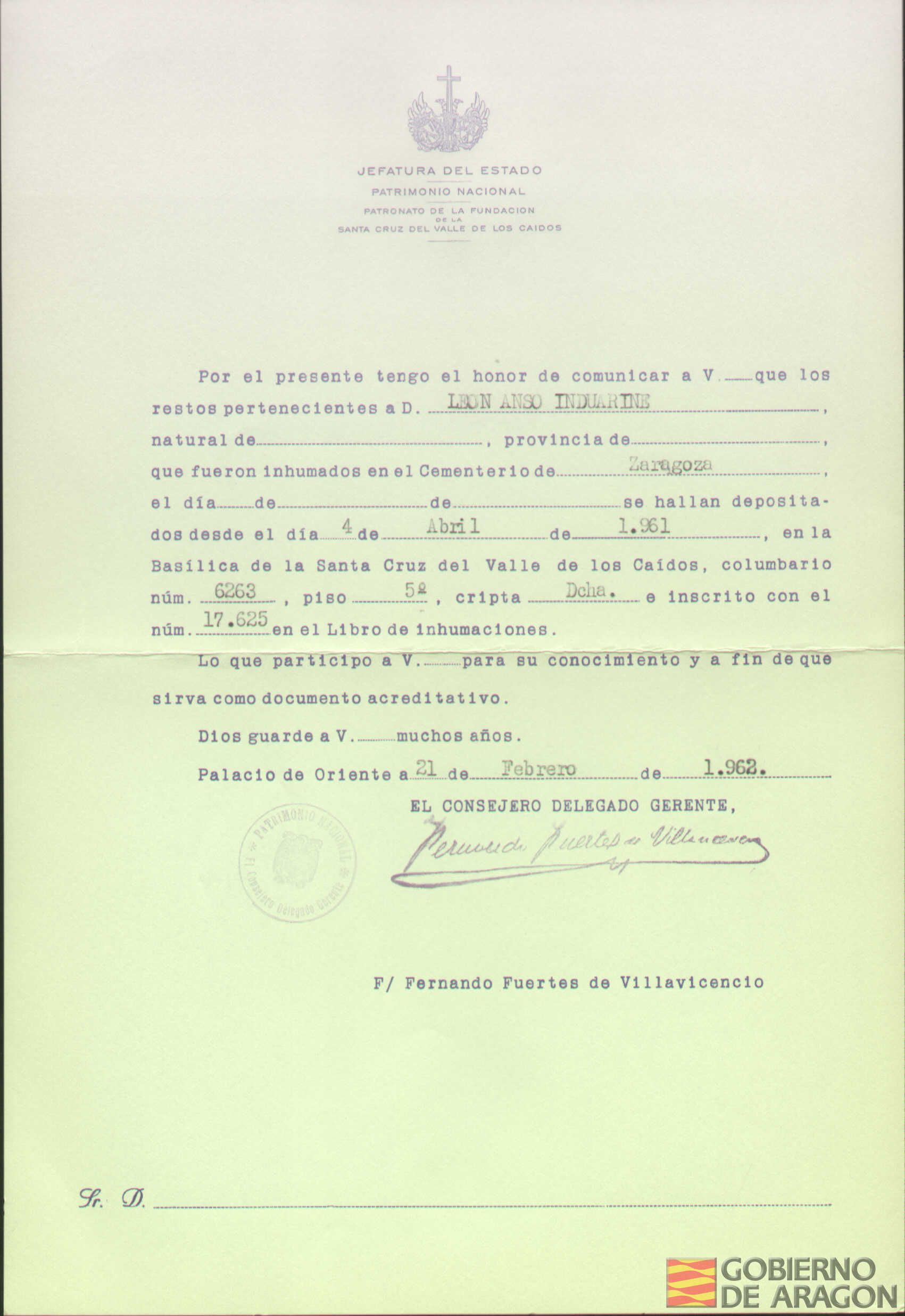 Traslado al Valle de los Caídos de los restos mortales de León Anso Induarine el día 4 de abril de 1961