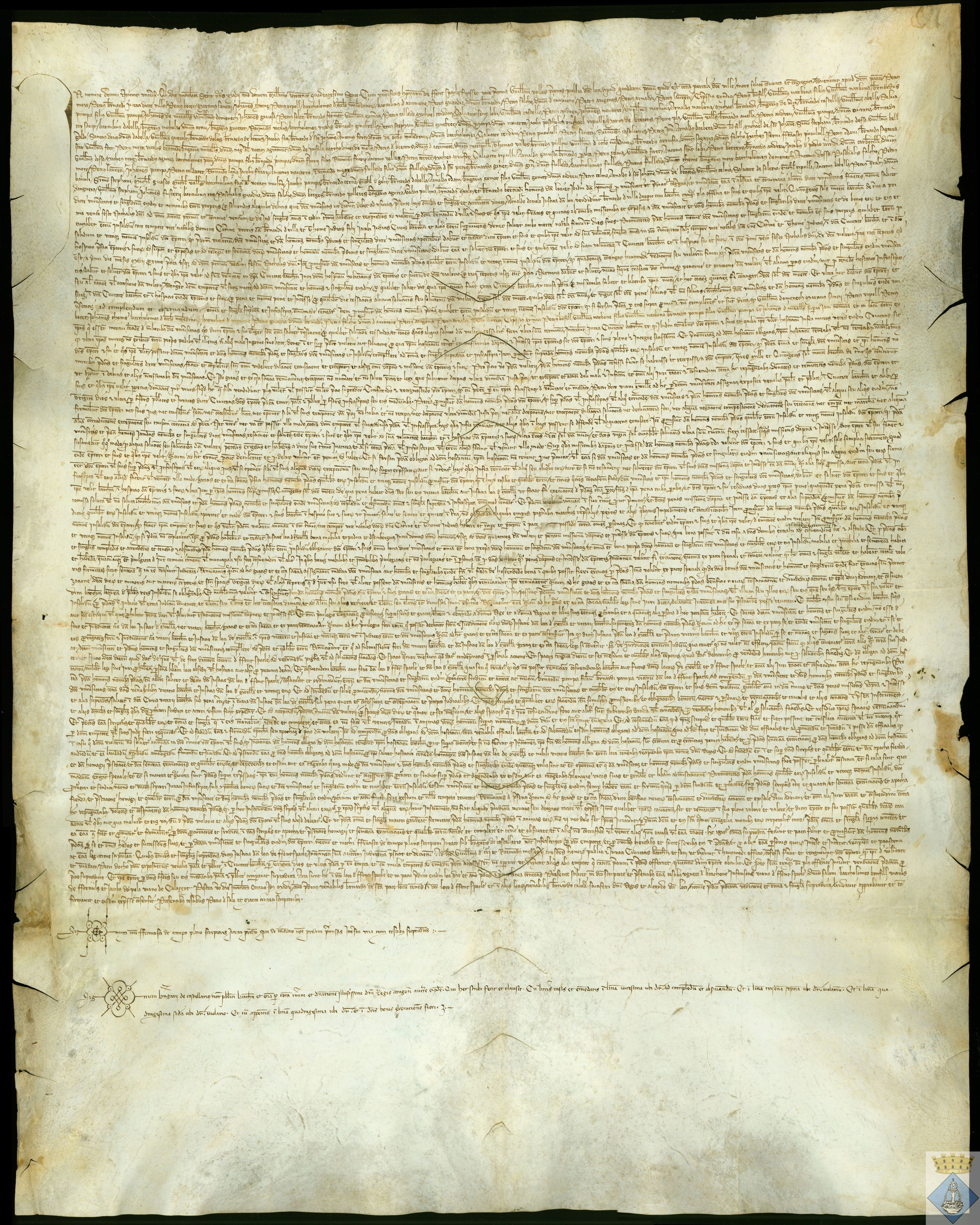 El concejo de Fuentespalda garantiza el pago de un censal de 500 sueldos barceloneses anuales a Bernardo de Villa, trapero y ciudadano de Barcelona. Notario: Berengario de Castellano