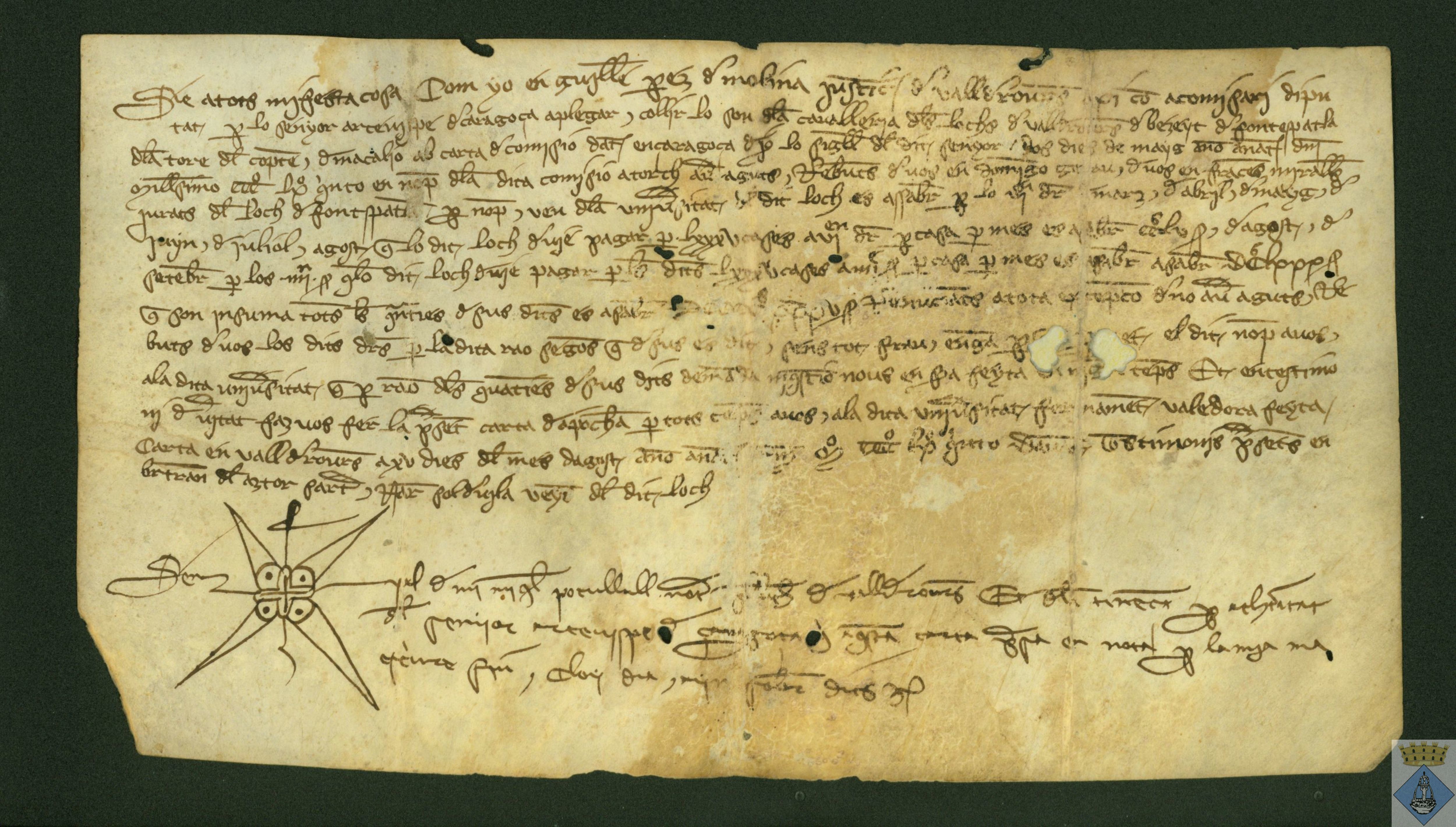 Apoca por la que Guillermo Pérez de Molina, justicia de Valderrobres, reconoce haber recibido de los jurados de Fuentespalda el fogaje por sus 85 casas, a 6 dineros por casa y mes