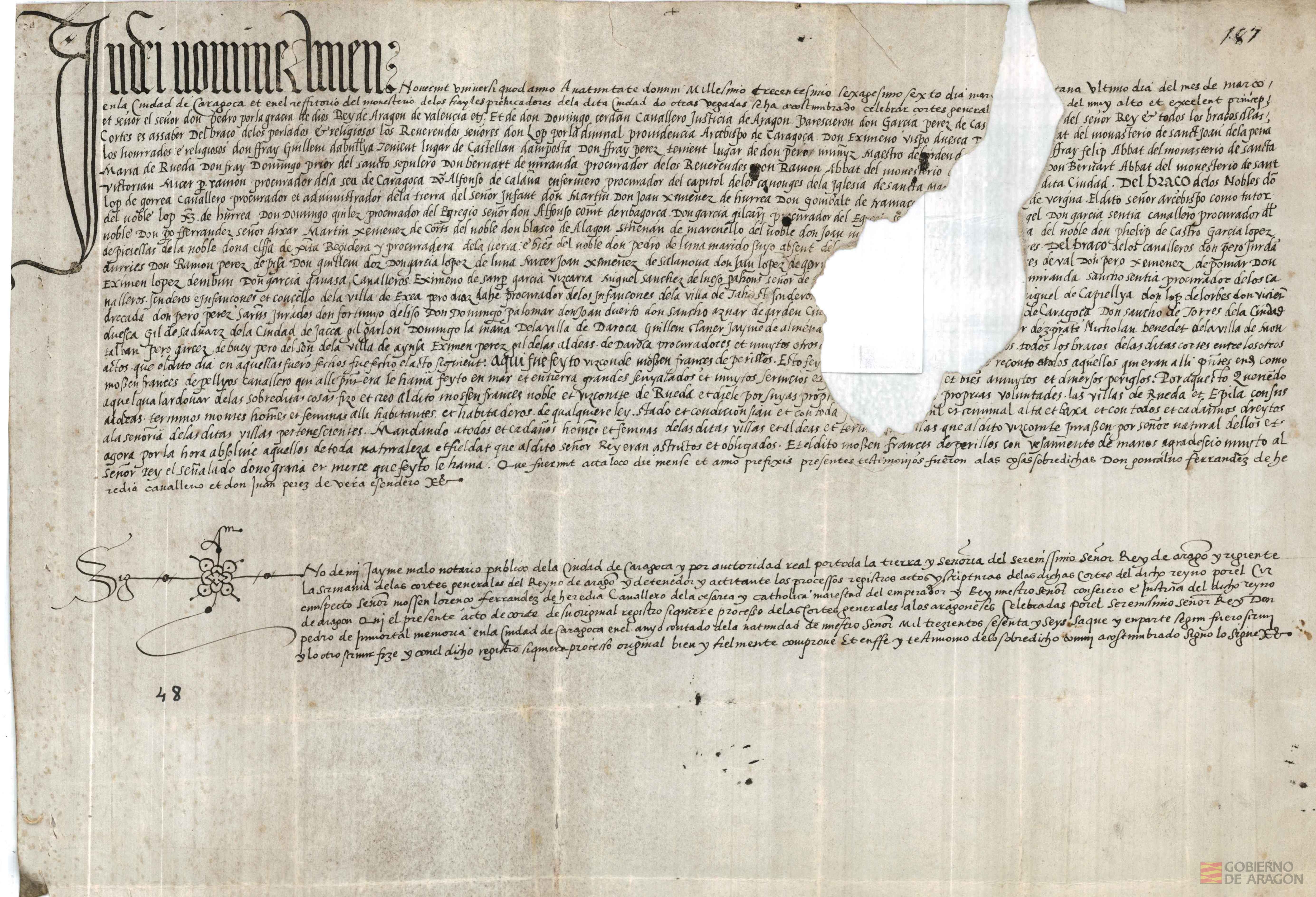 Acto de corte por el que se nombra vizconde de Rueda a Mosén Francés de Perillos,y se le conceden las villas de Rueda y Epila con sus aldeas,términos y pobladores