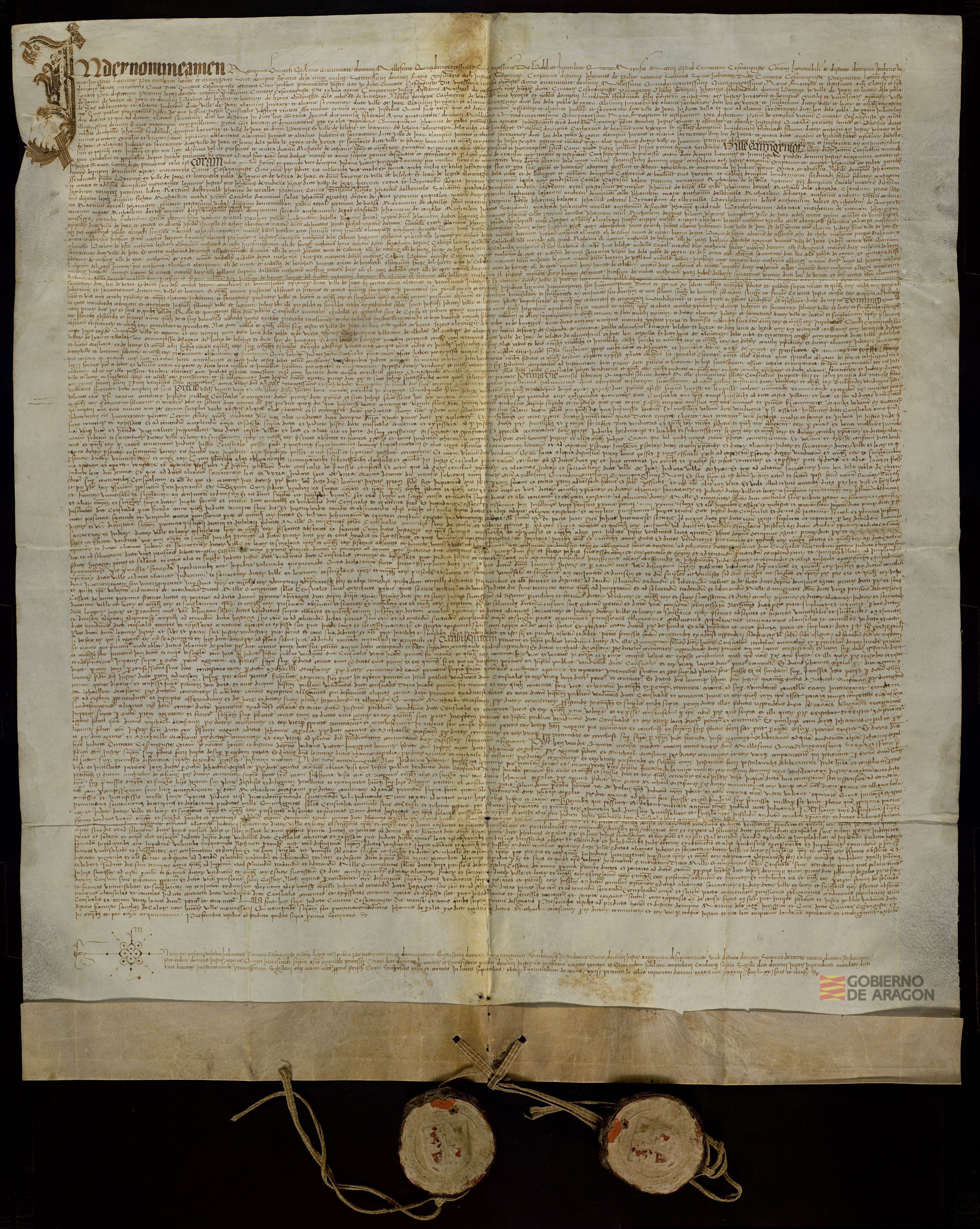 Sentencia del Justicia de Aragón en la causa entre el noble Juan de Híjar, la villa de Híjar y los pueblos de Lécera, Almonacid de la Cuba, Urrea de Gaén, la Puebla de Híjar y otros, por una parte, y Domingo Aznar, mercader de Zaragoza, por la otra, sobre un censal de 1.500 sueldos jaqueses y 21.000 sueldos de capital.