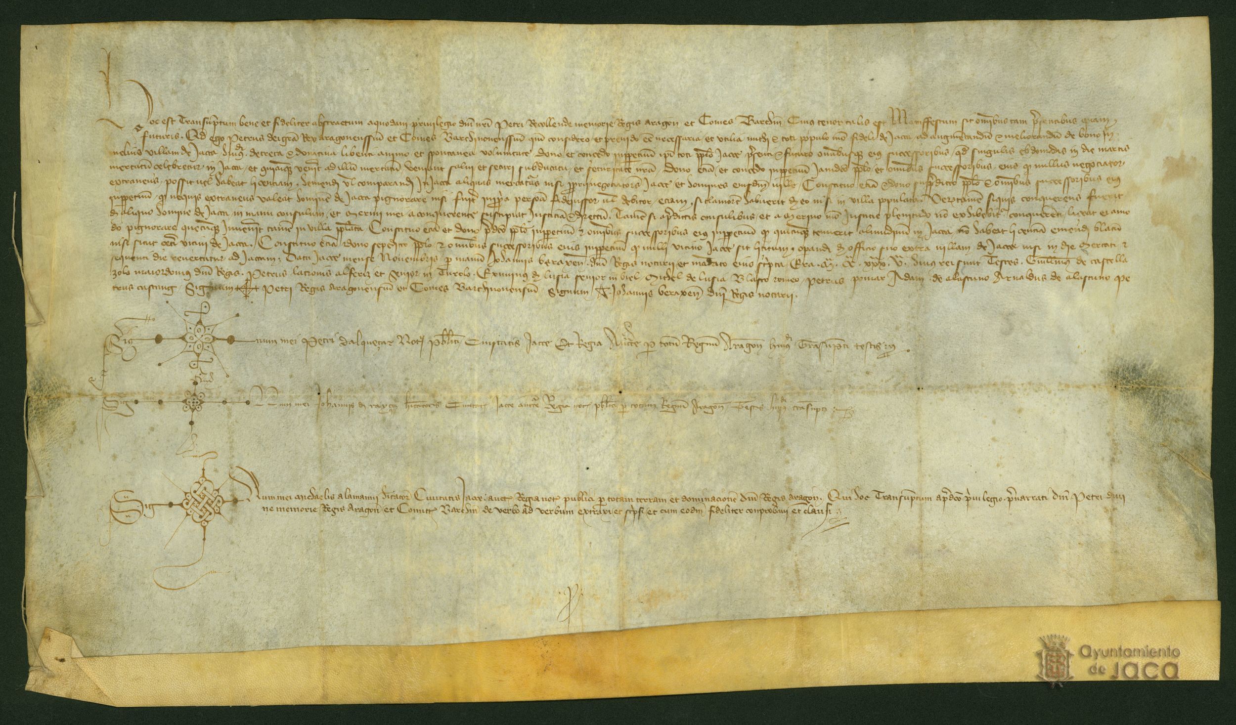 Pedro II, rey de Aragón, concede a los pobladores de Jaca que celebren mercado todos los martes de cada semana, acogiendo bajo la protección real a todas las personas que vayan y vuelvan a tal mercado