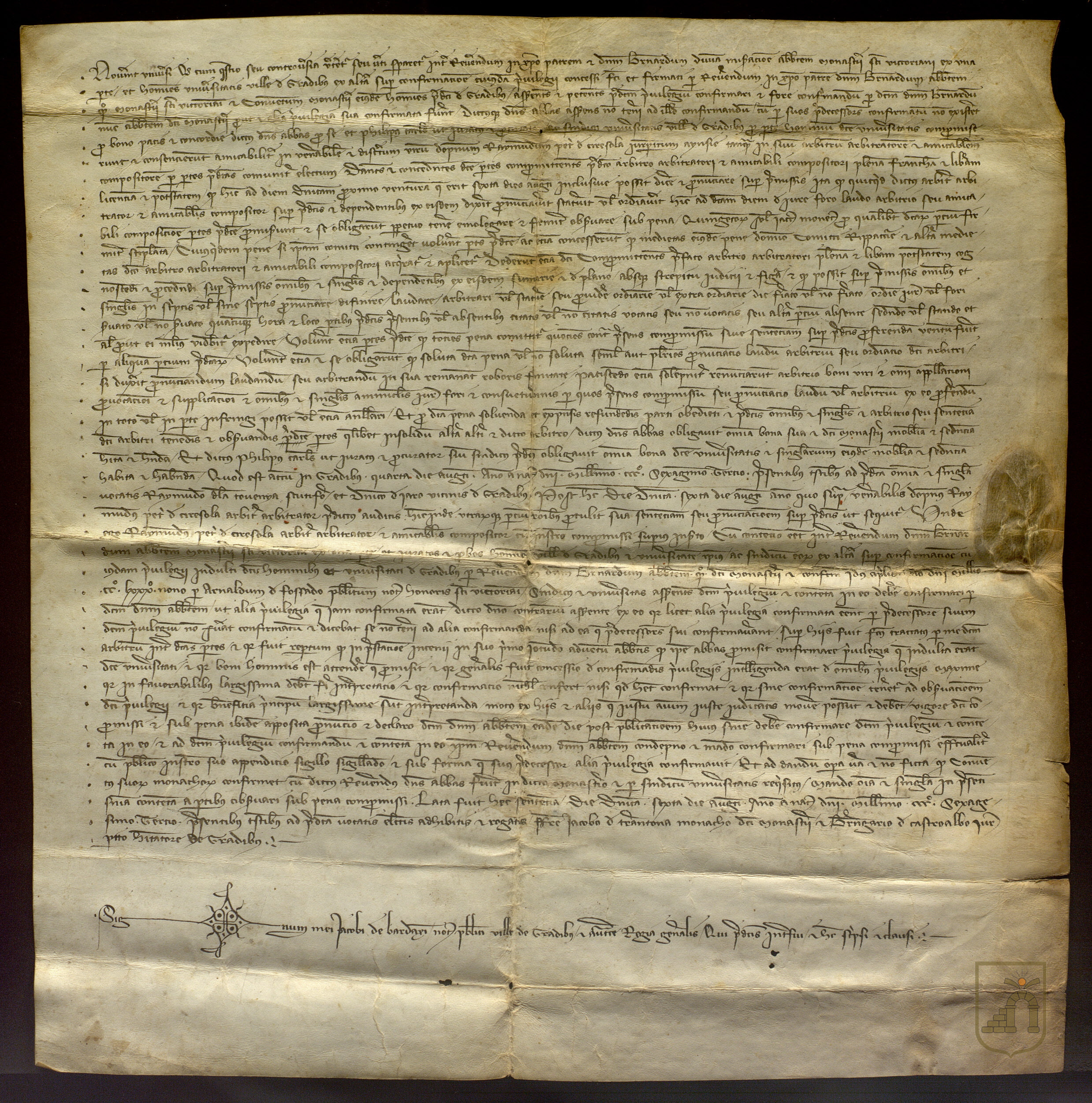 Sentencia arbitral de Ramón Pérez de Ceresuela en el pleito existente entre el monasterio de San Victorián y el concejo de Graus sobre la confirmación del privilegio que el abad Bernardo otorgó a la villa en 1289, que se resuelve a favor de dicho concejo