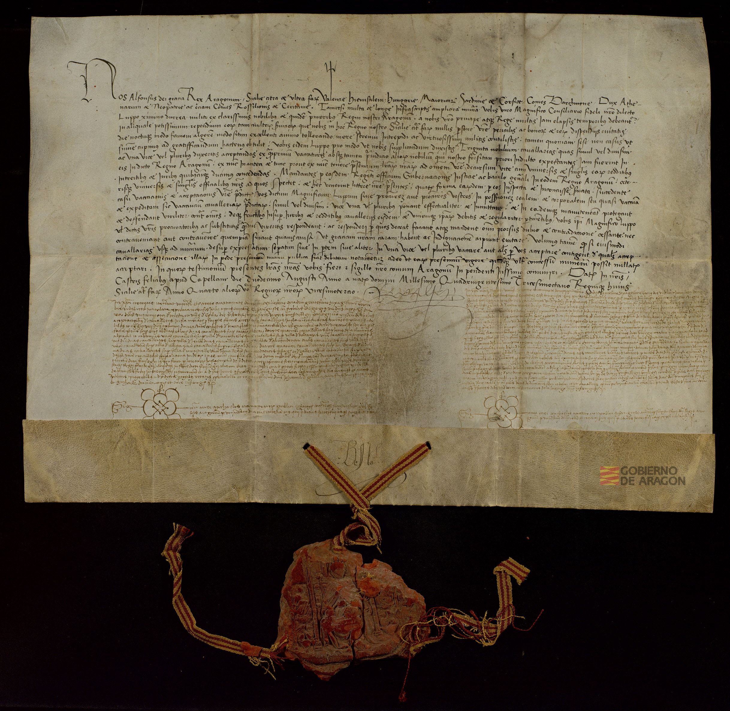 Alfonso V, rey de Aragón, concede a Lope Jiménez de Urrea treinta caballerías sobre las rentas reales de Aragón, en recompensa por sus servicios en la conquista de Nápoles