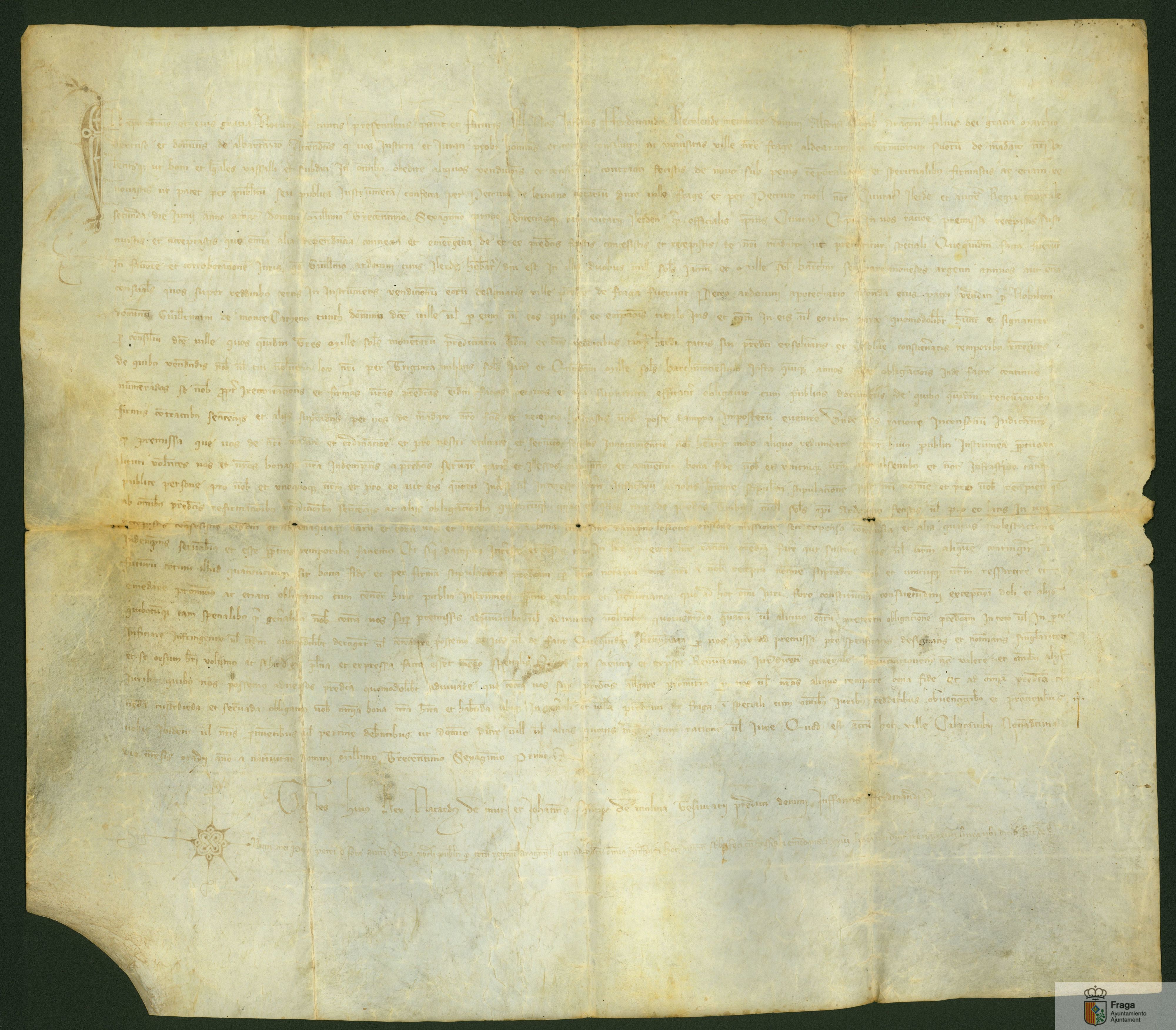 El infante Fernando de Aragón garantiza a la villa de Fraga la indemnidad de sus bienes por los censales que él les hizo vender para sus propios usos a Pedro Arduí, boticario de Lérida