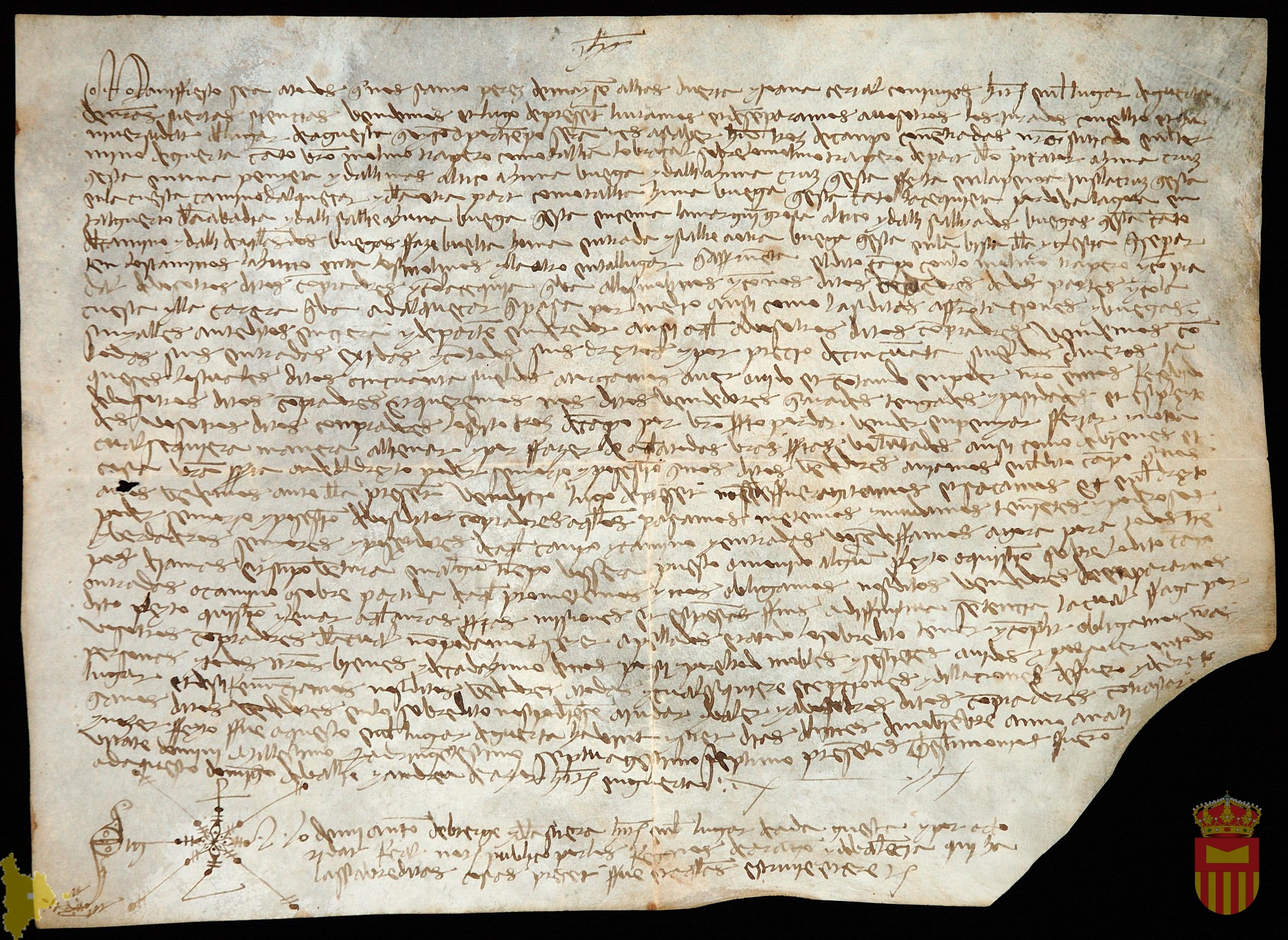 Carta de venta por la que Sancho Pérez de Marçen y su esposa venden a los jurados de Adahuesca un campo por cuarenta sueldos jaqueses