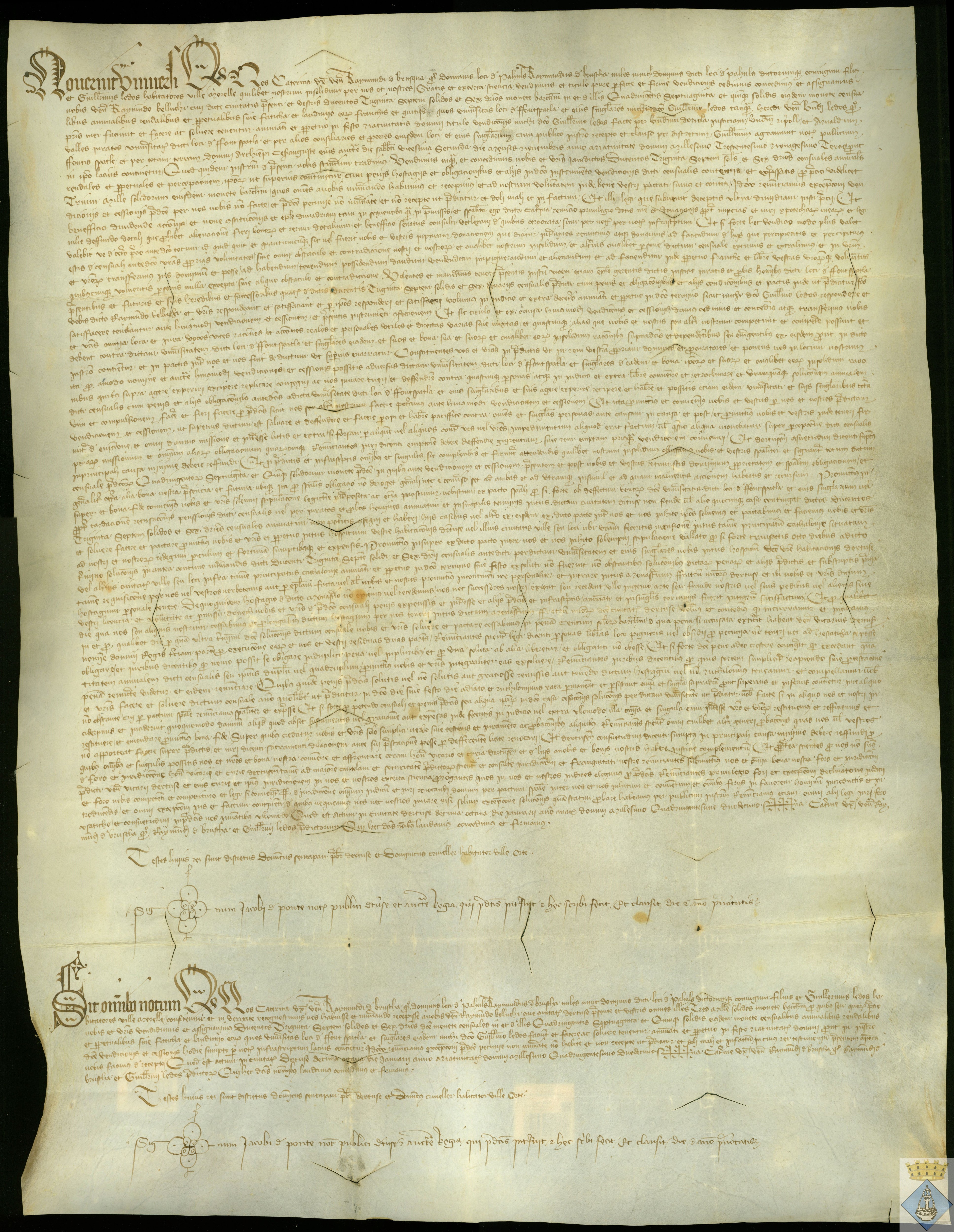 Venta de censal de 237 sueldos y 6 dineros anuales que paga la Universidad de Fuentespalda a Raimundo Belluehi, al cual se lo ha vendido Caterina, mujer de Raimundo de Brusca, que fue señor de Paúles, y Guillermo Lledors, con carta de pago de los 3.000 sueldos de propiedad