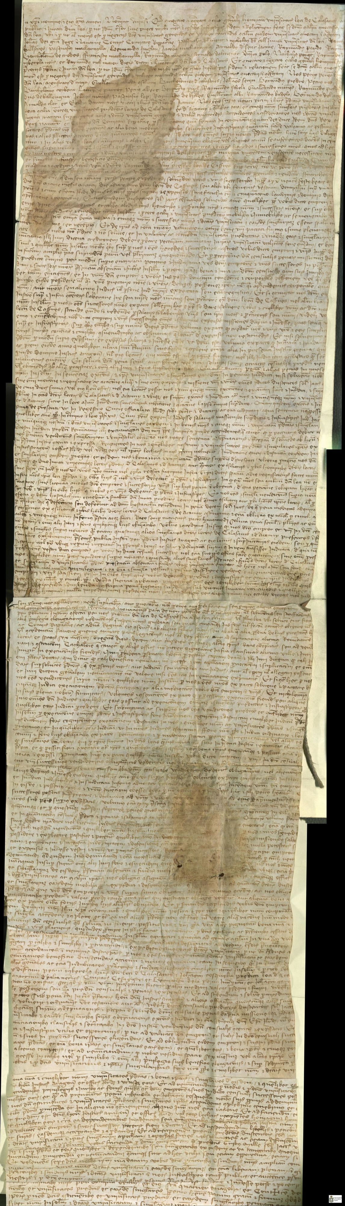 Los concejos de Calasanz y Azanuy, ante la necesidad de atender sus compromisos en relación con los gastos de la coronación de su señor, Juan, conde de Ribagorza y rey de Navarra, venden un censal de 200 sueldos jaqueses de pensión a Raimundo Rodela, presbítero de Caserras de Ribagorza, por precio de 3000 sueldos jaqueses