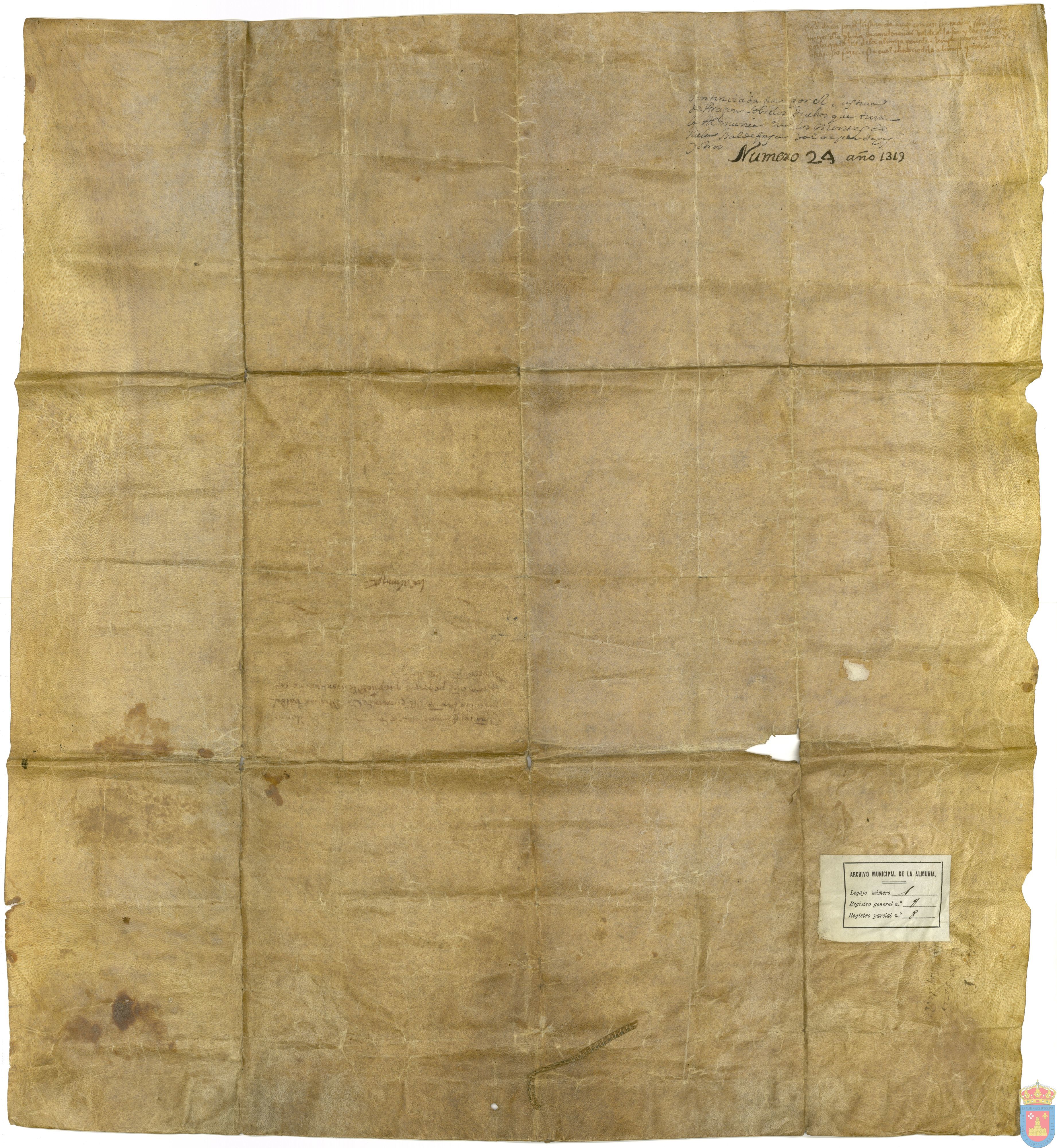 Sentencia dada por Berenguer Mazón, jurisconsulto, delegado por el Infante D. Jaime, Gobernador General del reino de Aragón, primogénito del Rey Jaime I, sobre los derechos de La Almunia en los términos de Ricla llamados Campdenavas y Val de Jaffar.