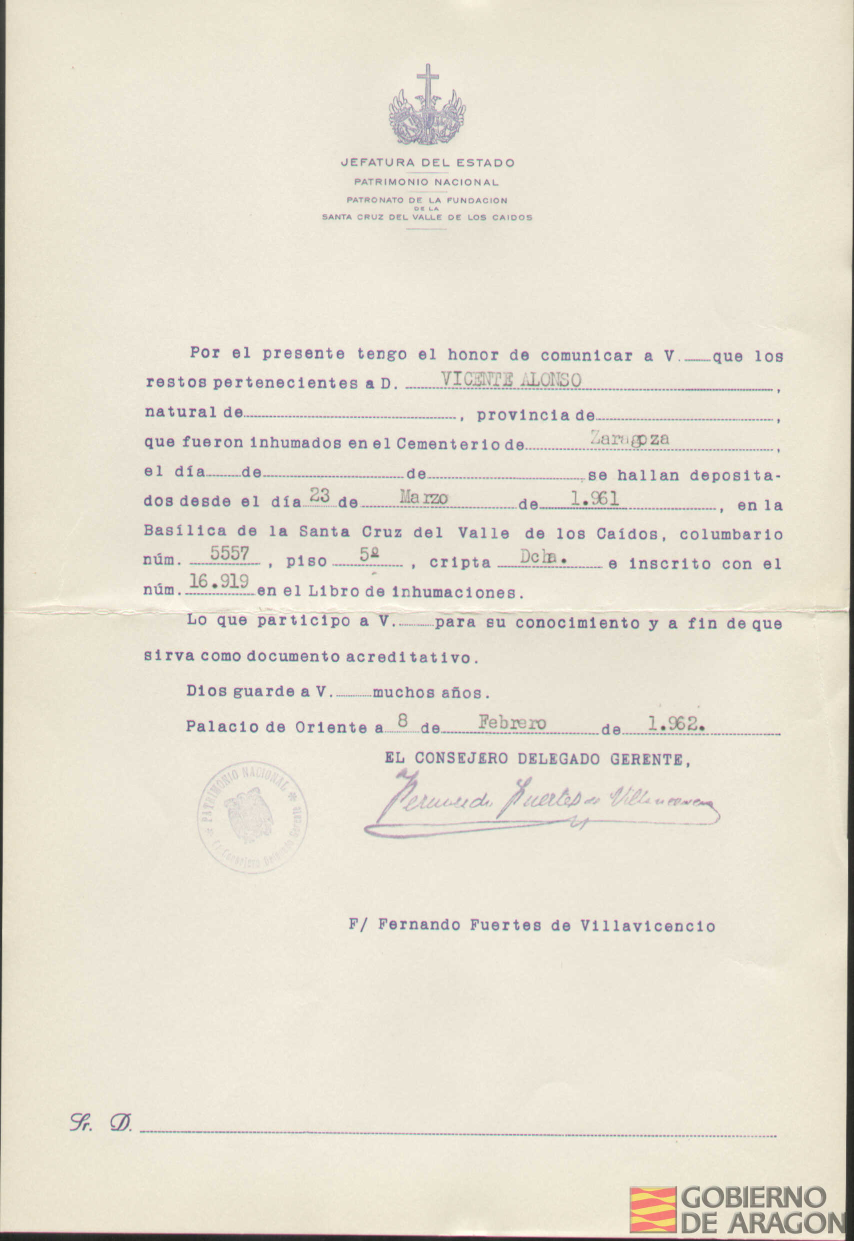 Traslado al Valle de los Caídos de los restos mortales de Vicente Alonso el día 23 de marzo de 1961