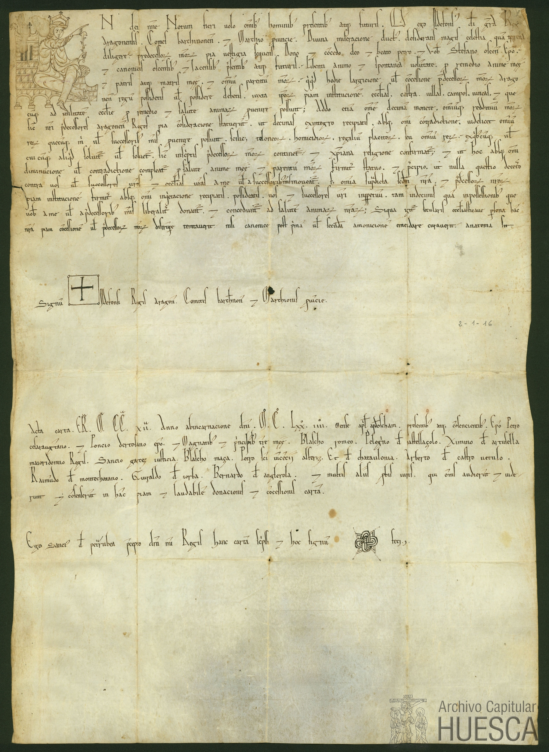 Alfonso II, rey de Aragón, confirma los privilegios otorgados por sus antecesores a las Catedrales de Huesca y Jaca, y dona al obispo Esteban y a la Catedral de Huesca el diezmo de la moneda y de las rentas reales