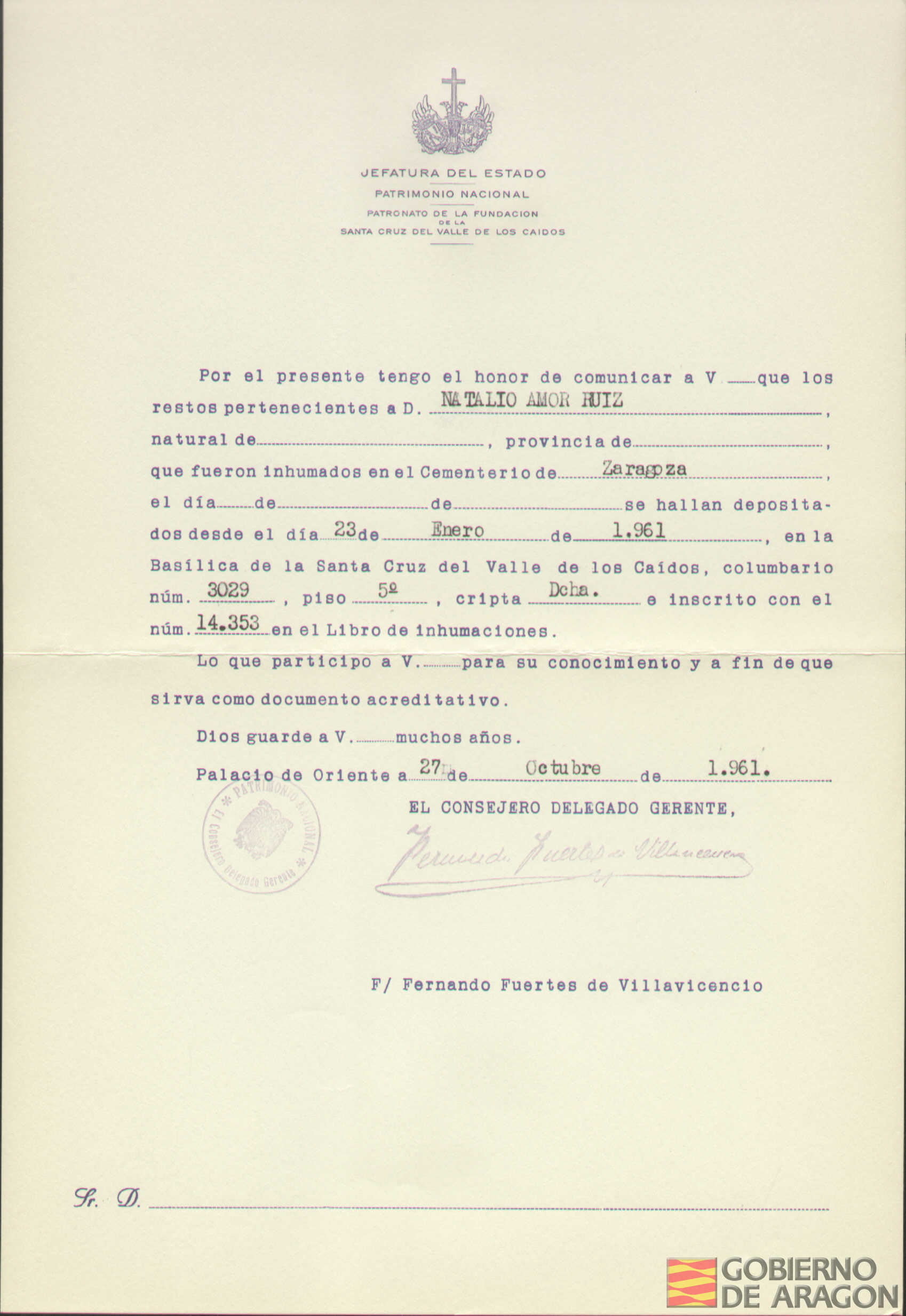 Traslado al Valle de los Caídos de los restos mortales de Natalio Amor Ruiz el día 23 de enero de 1961