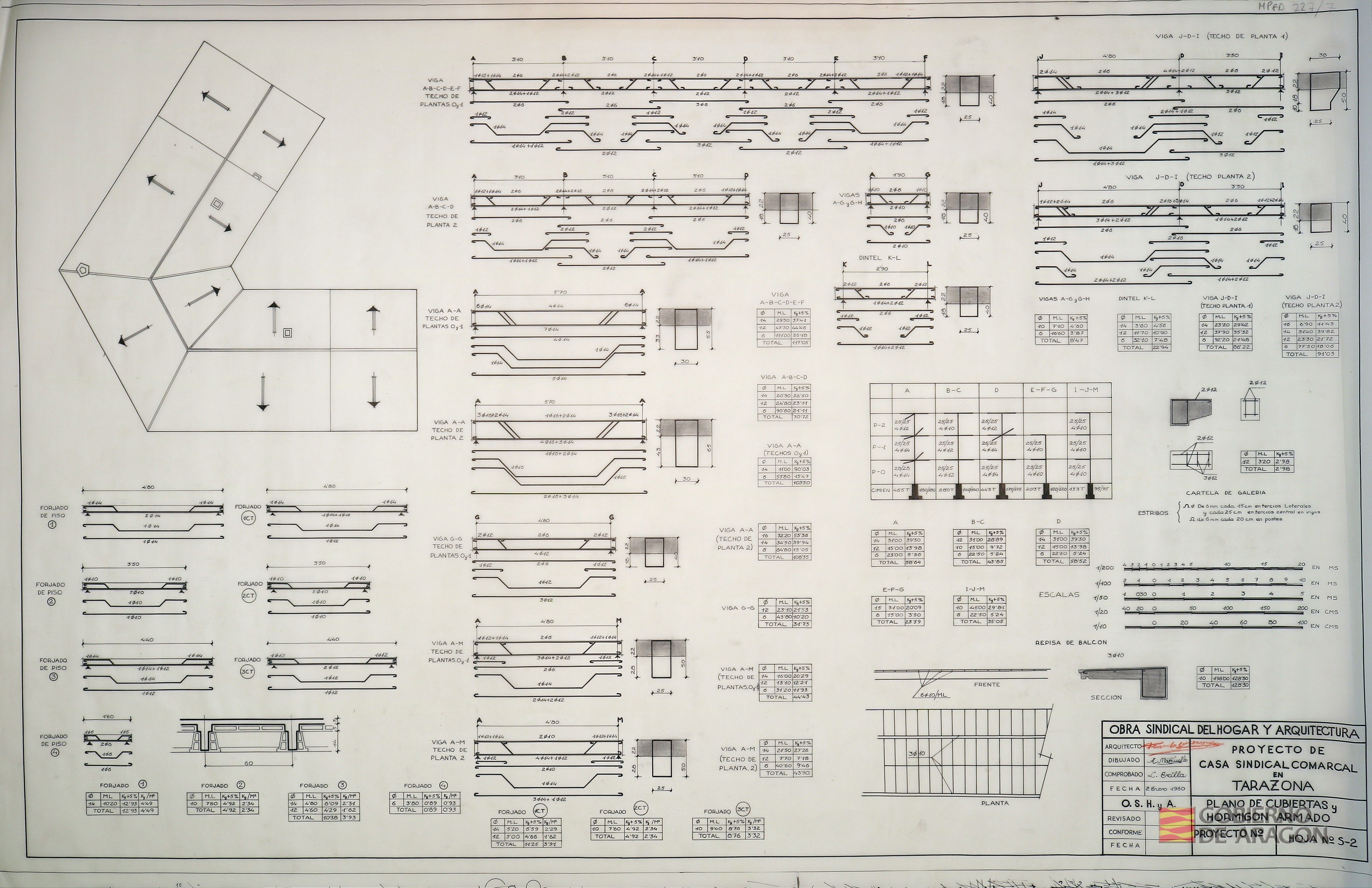 Proyecto de Casa Sindical Comarcal en Tarazona (Zaragoza).. Plano de cubiertas y hormigón armado. Arquitecto: Fausto García Marco; Dibujo: Augusto Marcuello; Comprobó: L. Ercilla