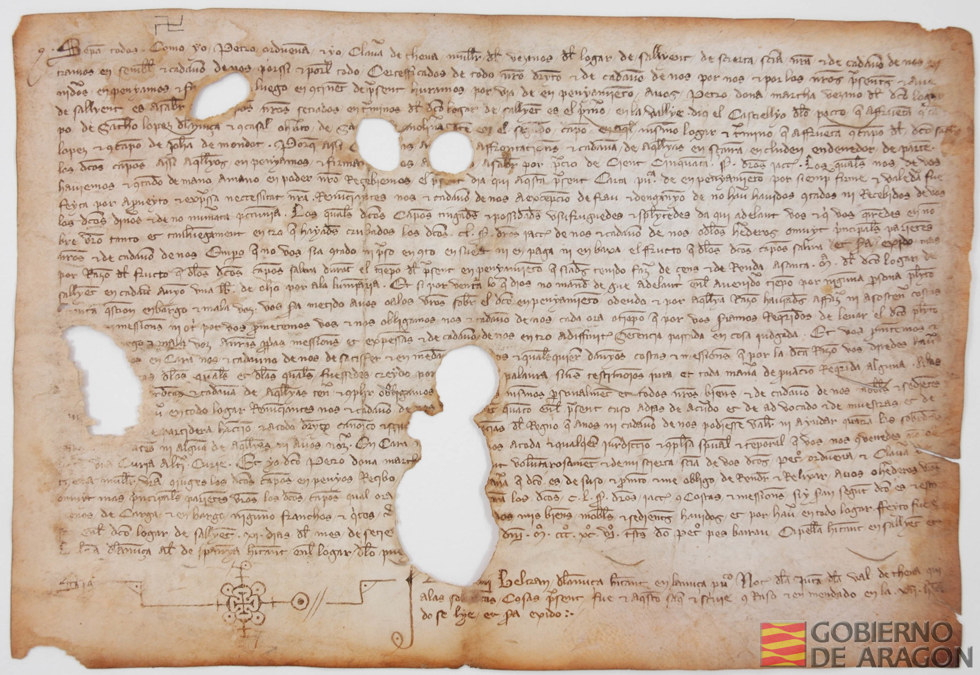 Pedro Orduenna y Clavera de Tena, vecinos de Sallent de Gállego, empeñan a Pedro de Doña Marta, vecino del mismo pueblo, dos campos en el término de dicho pueblo a cambio de 150 sueldos jaqueses.