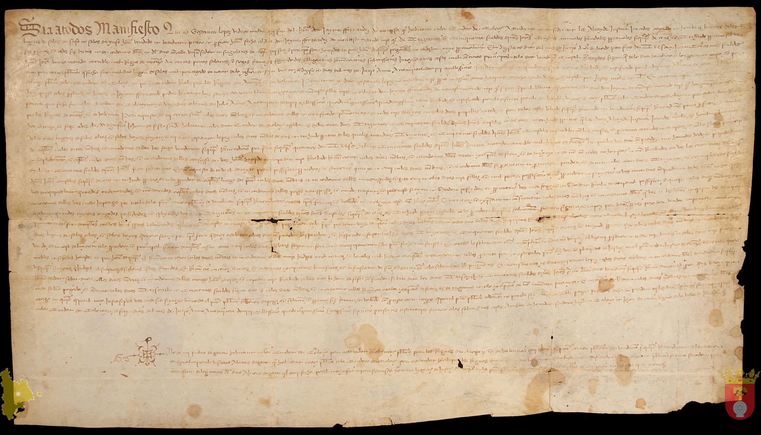 Venta de un Censal de 3500 sueldos jaqueses de propiedad y de 350 sueldos jaqueses de renta anual otorgado por el Concejo de Salas al difunto Jaime Ferrandez de Montesa, en 1448, hecha por Constanza López, viuda del dicho Jaime Fernandez, como procuradora de los hijos del mismo, a favor de Johan de Sesé, vecino de Calatayud