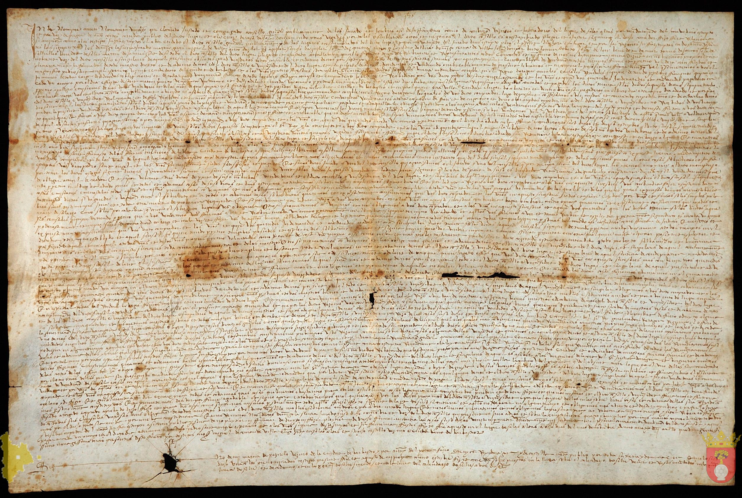 Venta de un Censal de 400 sueldos jaqueses de propiedad y de 30 sueldos jaqueses de renta anual a Pedro Santángel, vecino y ciudadano de Barbastro, otorgada por el Concejo de Salas Altas y Bajas