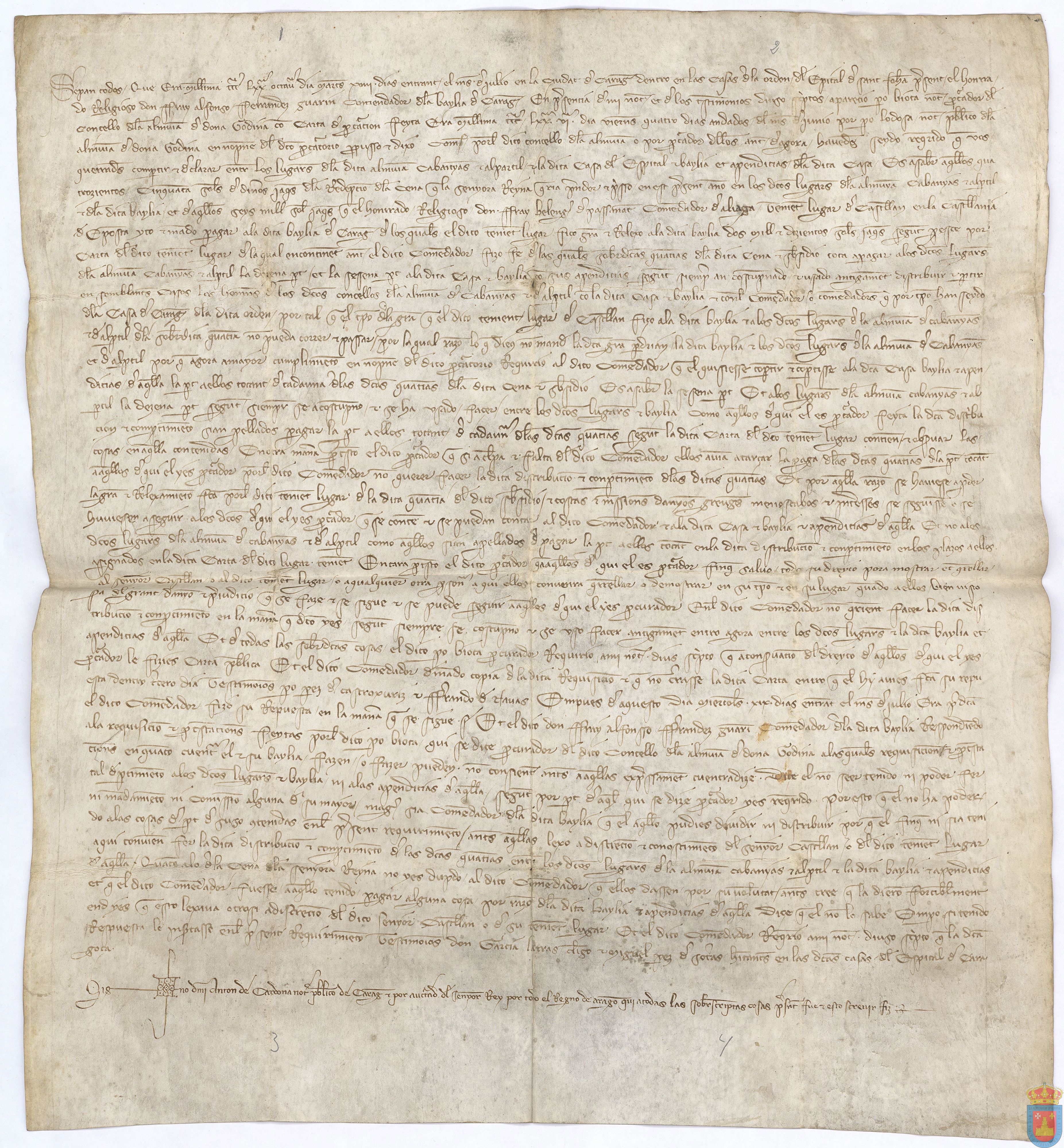 Pedro Biota, procurador, pide a Fray Alfonso Fernández Garín, comendador de la Bailía de Zaragoza de La Orden de San Juan, que contribuya con La Almunia, Cabañas y Alpartir al pago de la cena y subsidios en la proporción de 1/10 los pueblos y 1/6 la Orden