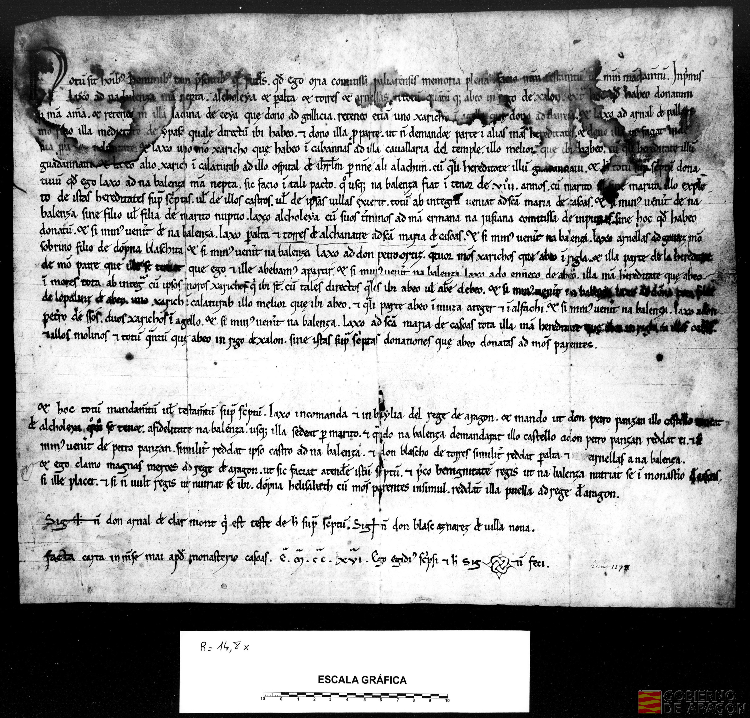 Oria, condesa de Pallars y fundadora del monasterio de Casbas, otorga testamento disponiendo, entre otras cláusulas, que hasta que su nieta Valencia cumpla ocho años, reviertan los bienes de Peralta de Alcofea y Torres de Alcanadre al monasterio, y que si dicha Valencia muriese, Peralta de Alcofea, Torres de Alcanadre, una heredad de Ricla y las casas, molinos y cuanto posee en el río Jalón reviertan igualmente en el monasterio de Casbas.