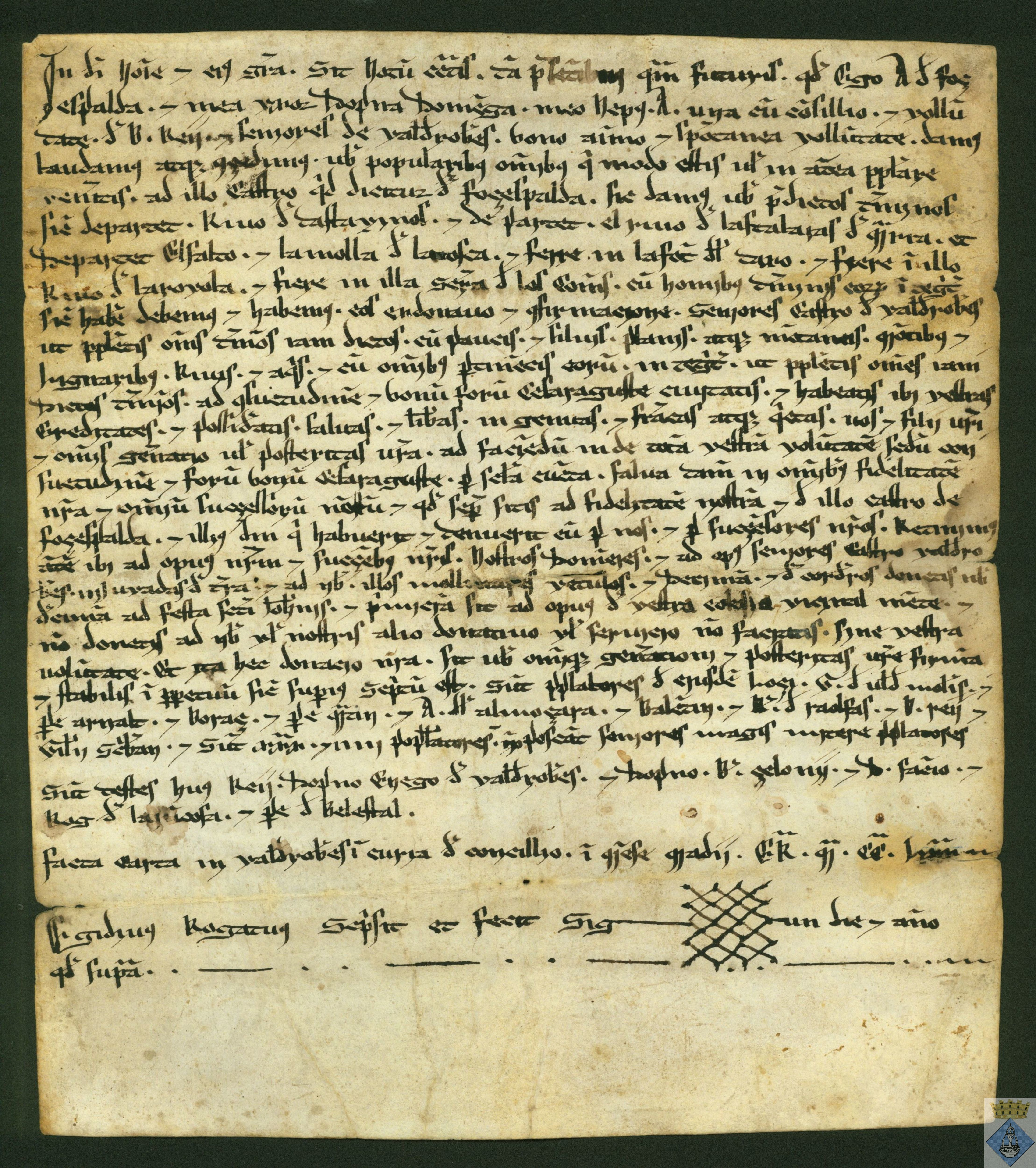 Arnaldo de Fuentespalda y su mujer, Domenga, de voluntad de los señores de Valderrobres, conceden carta de términos y población, otorgándoles los fueros de Zaragoza.