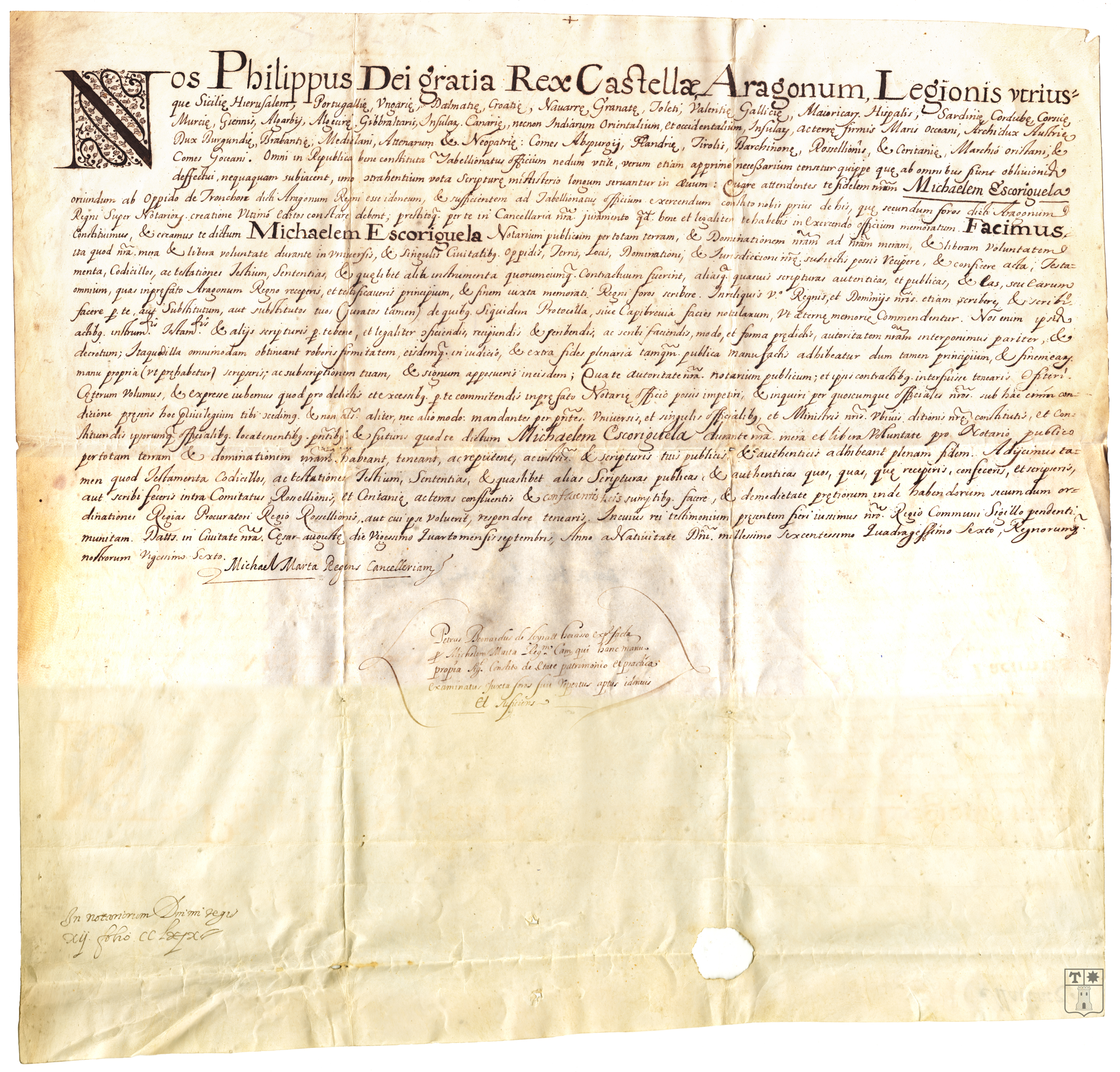 Nombramiento de Miguel Escorihuela como notario público, por Felipe IV