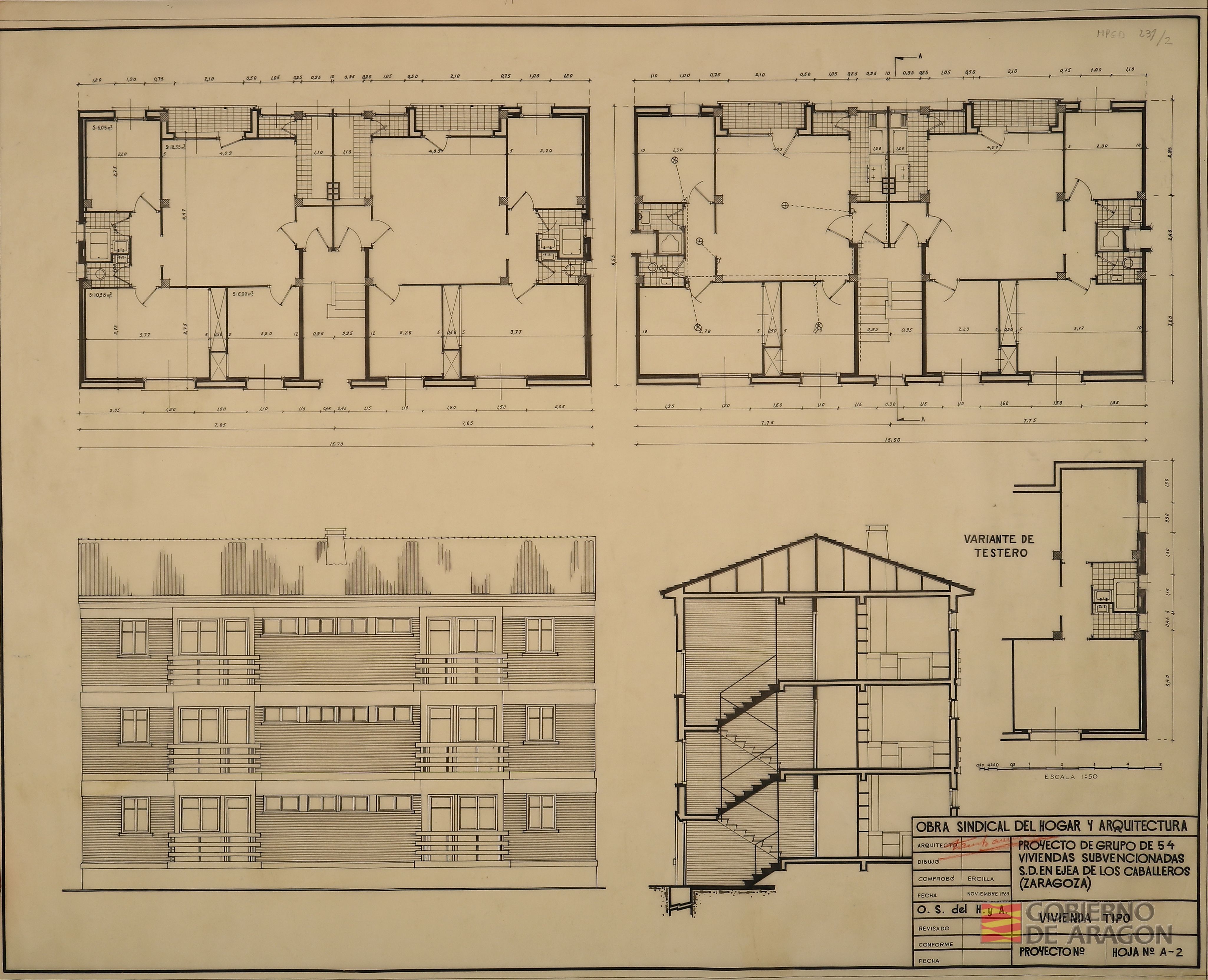 Proyecto de grupo de 54 viviendas subvencionadas S.D. en Ejea de los Caballeros.. Hoja nº A-2 Vivienda tipo.. Arquitecto: Fausto García Marco; Dibujo: Augusto Marcuello; Comprobó: L. Ercilla