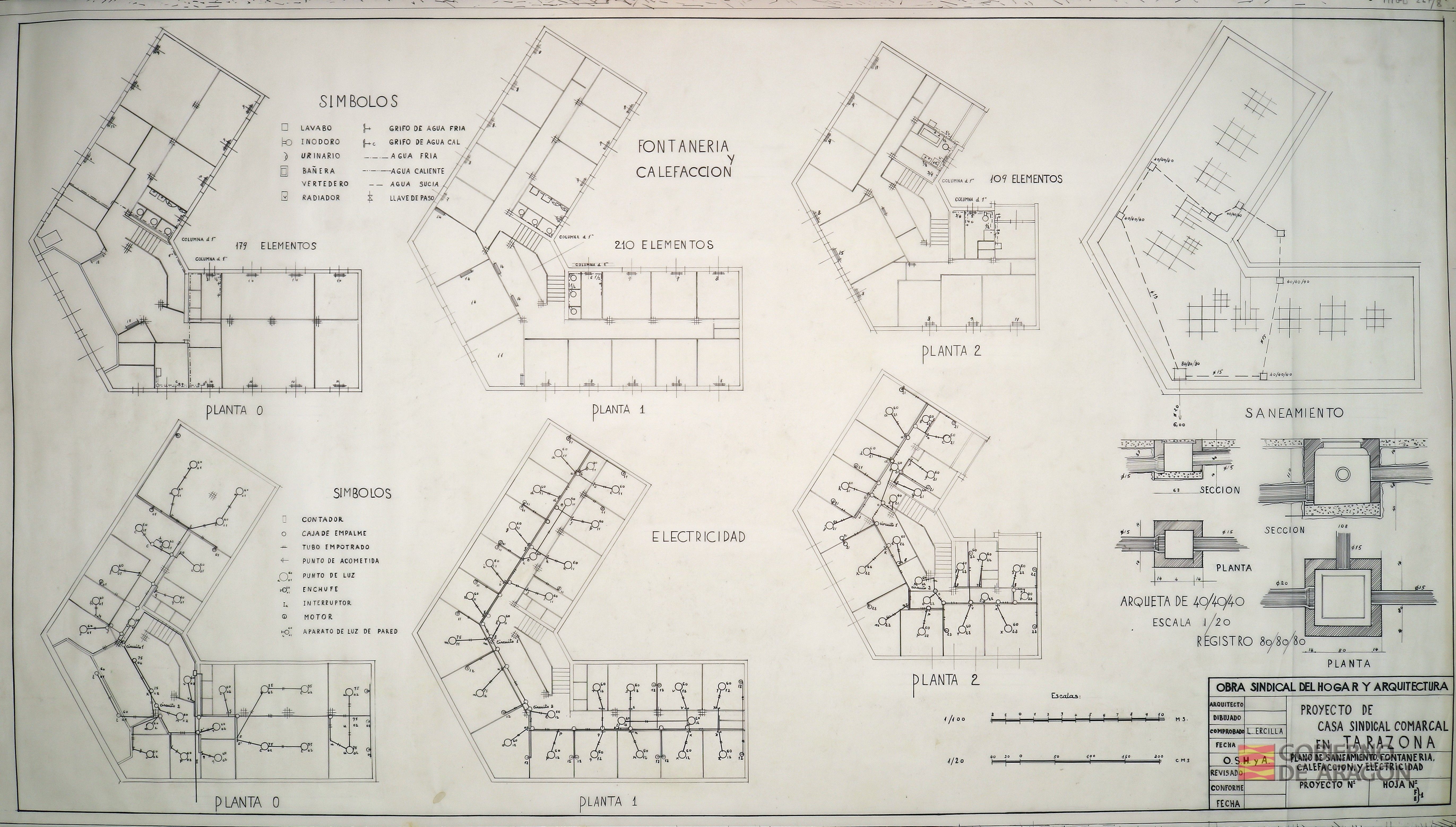 Proyecto de Casa Sindical Comarcal en Tarazona (Zaragoza).. Plano de saneamiento, fontanería, calefacción y electricidad. Arquitecto: Fausto García Marco; Dibujo: Augusto Marcuello; Comprobó: L. Ercilla
