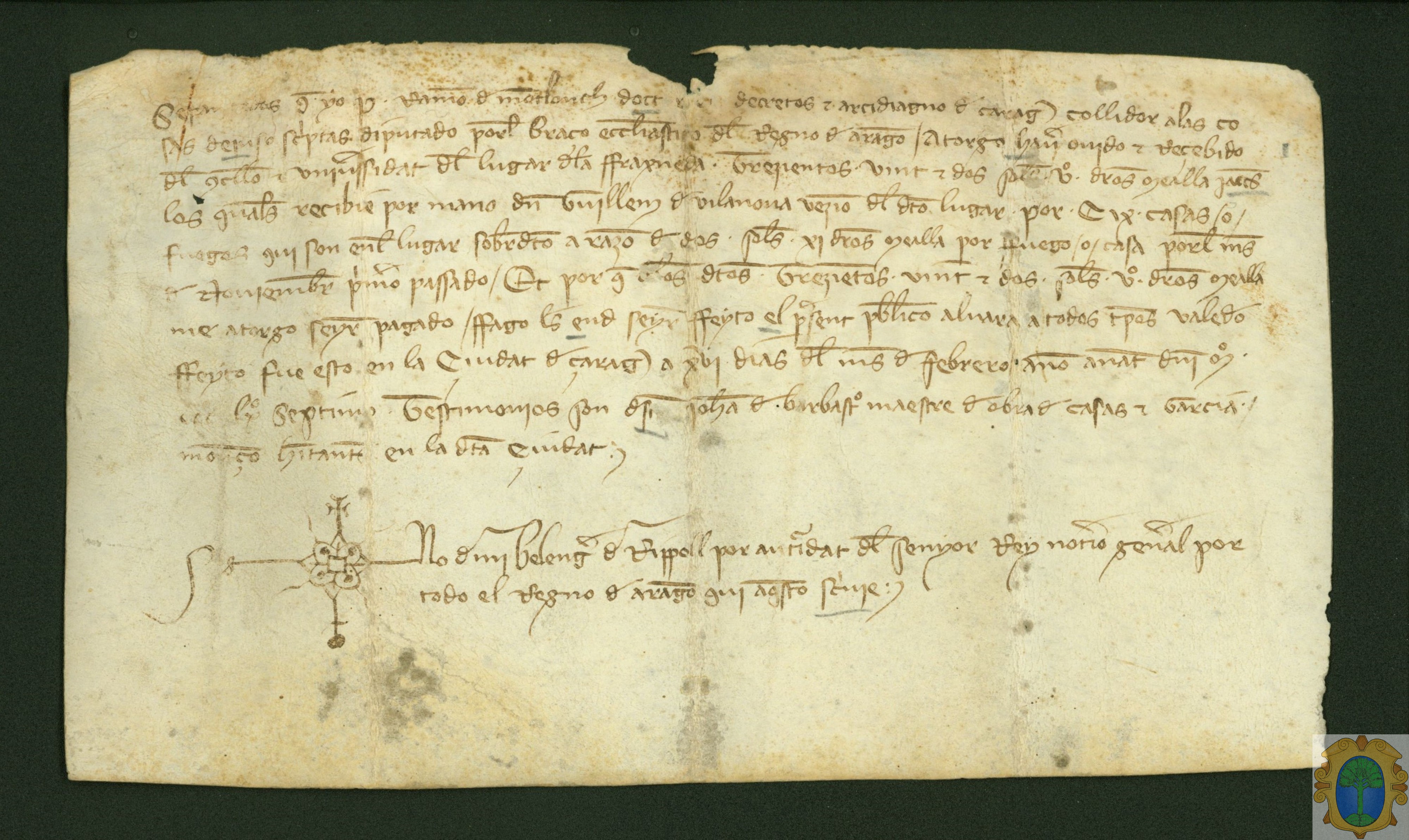 Ramón de Montblanch, diputado del brazo eclesiástico del Reino de Aragón, reconoce el pago hecho por el Concejo de la Fresneda de manos de Guillén de Villanova de 322 sueldos y 5 dineros de Jaca, en concepto del tributo por los 109 fuegos de dicho lugar