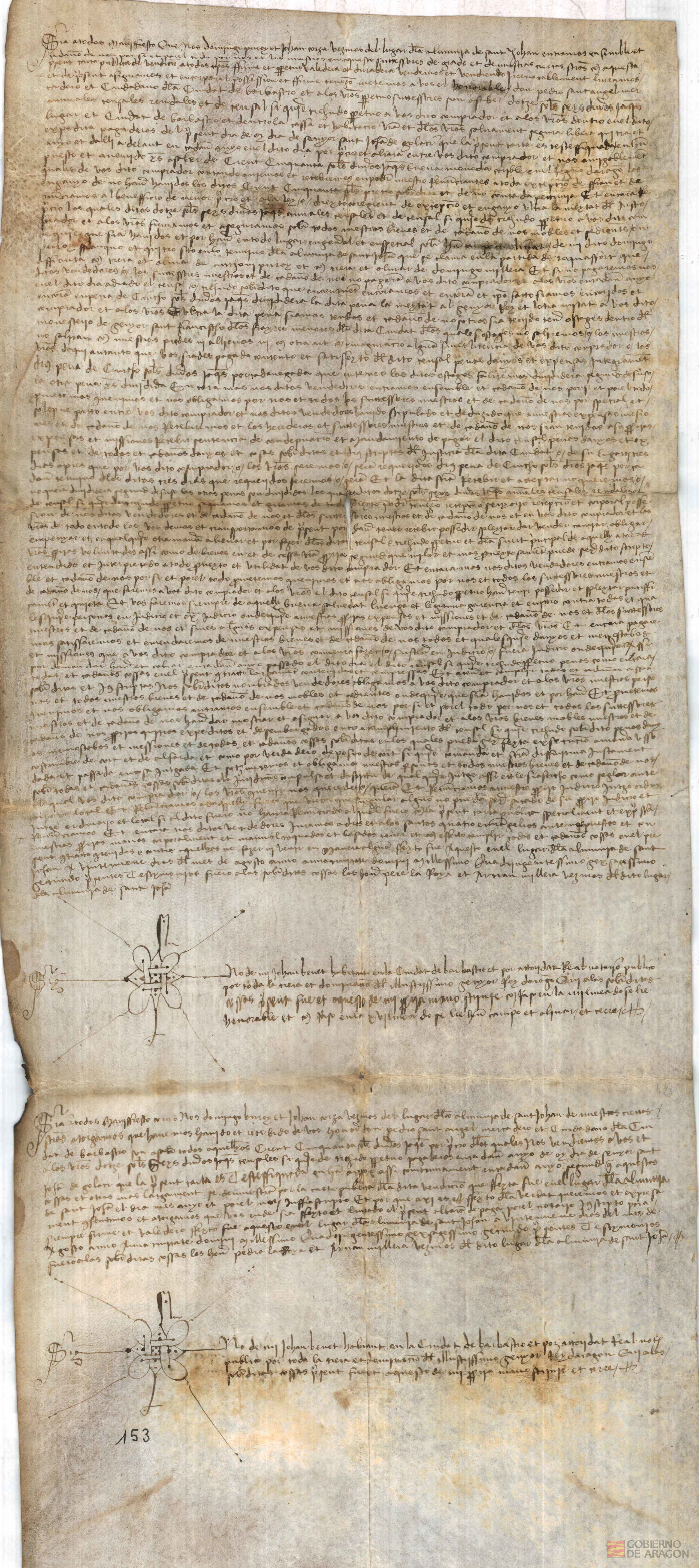 Domingo Purroy y Juan Corça,vecinos del lugar de La Almunia de San Juan,venden al honorable D.Pedro Santángel,mercader y ciudadano de Barbastro,12 sueldos,6 dineros jaqueses anuales censales,por 150 sueldos