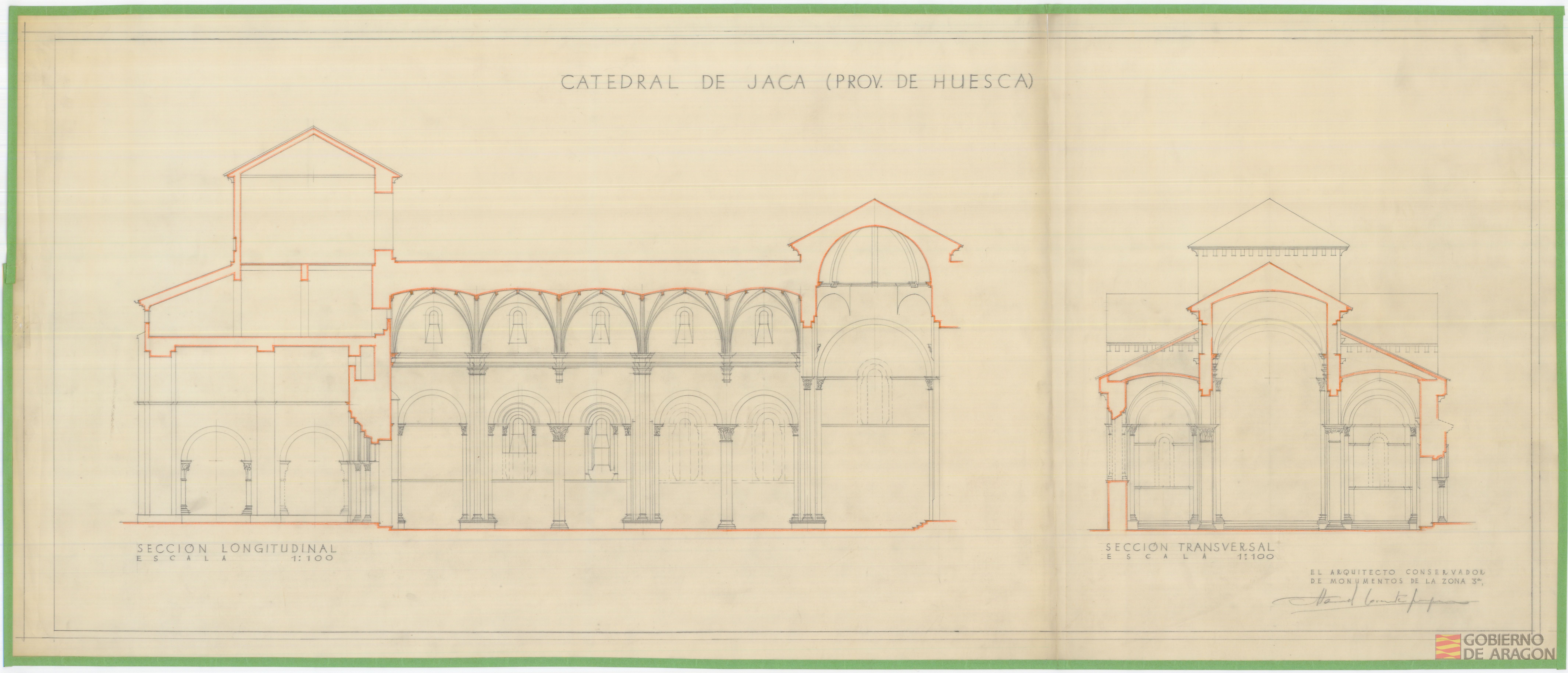 Catedral de Jaca (provincia de Huesca). Sección longitudinal. Sección transversal. Jaca