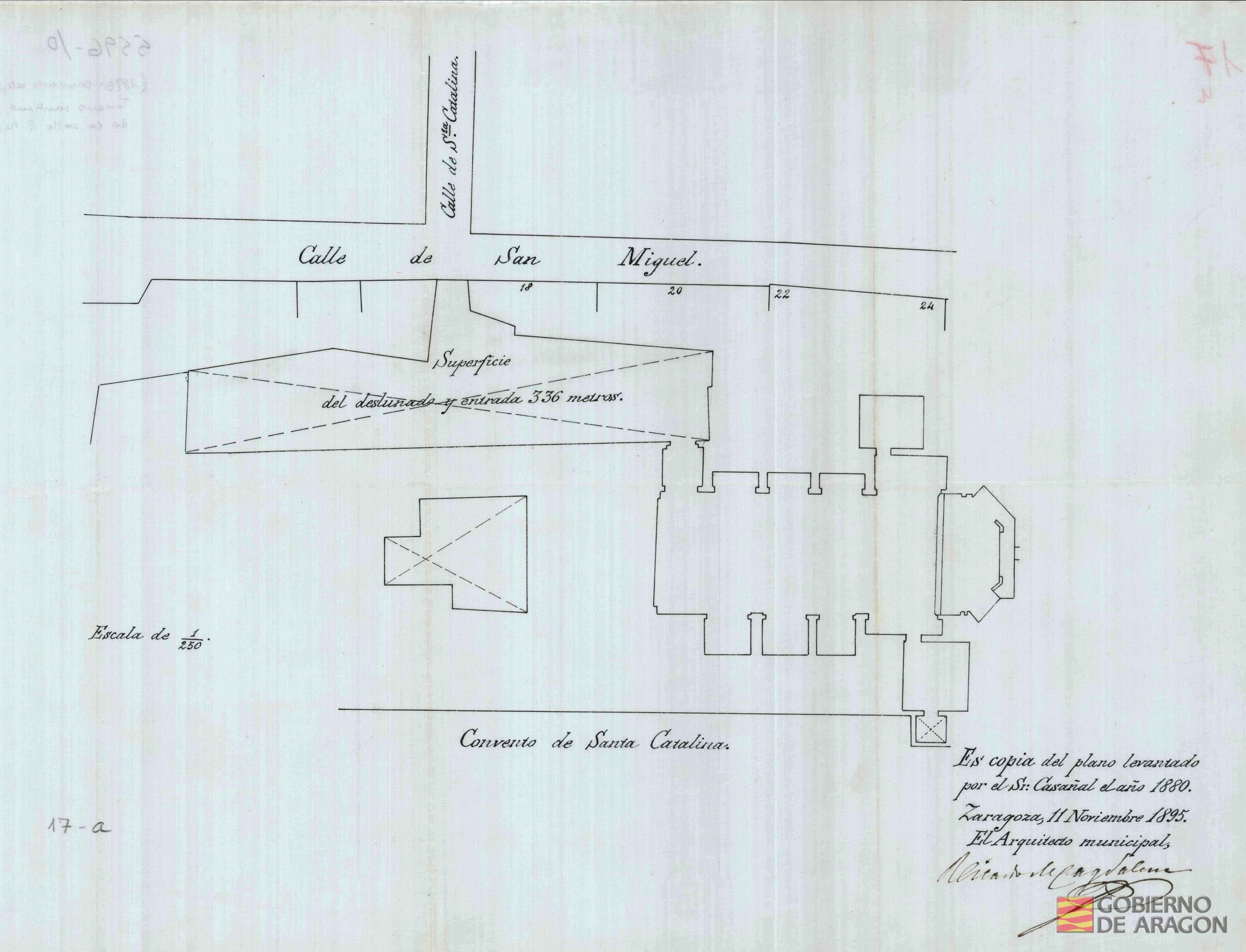 Plano del terreno contiguo al convento de Santa Catalina. Firmado por Ricardo Magdalena, Arquitecto Municipal