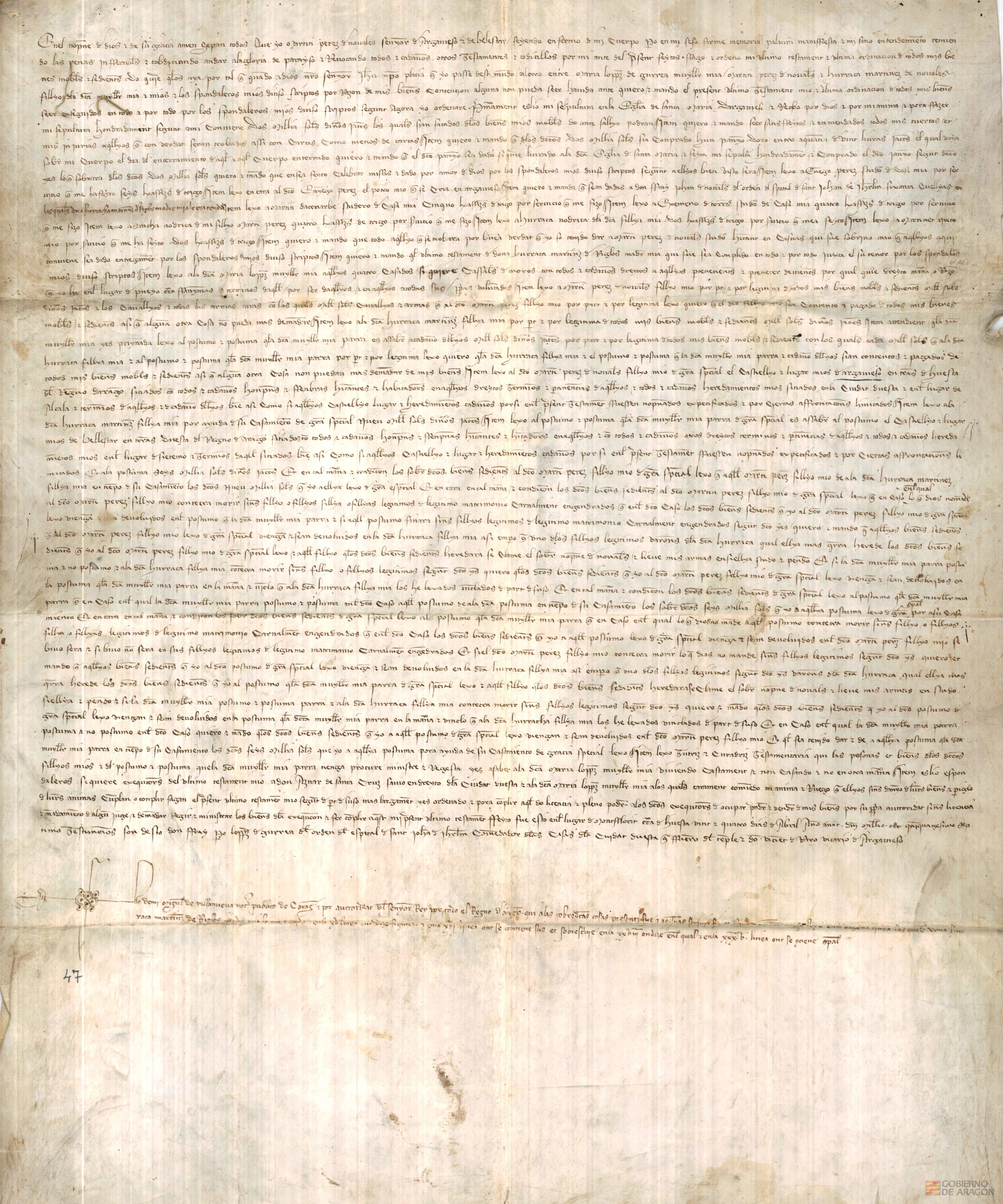 Testamento de Martín Pérez de Novales,señor de Argavieso y de Ballestar,por el que deja a su hijo Martín Pérez de Novales el castillo y lugar de Argavieso.
