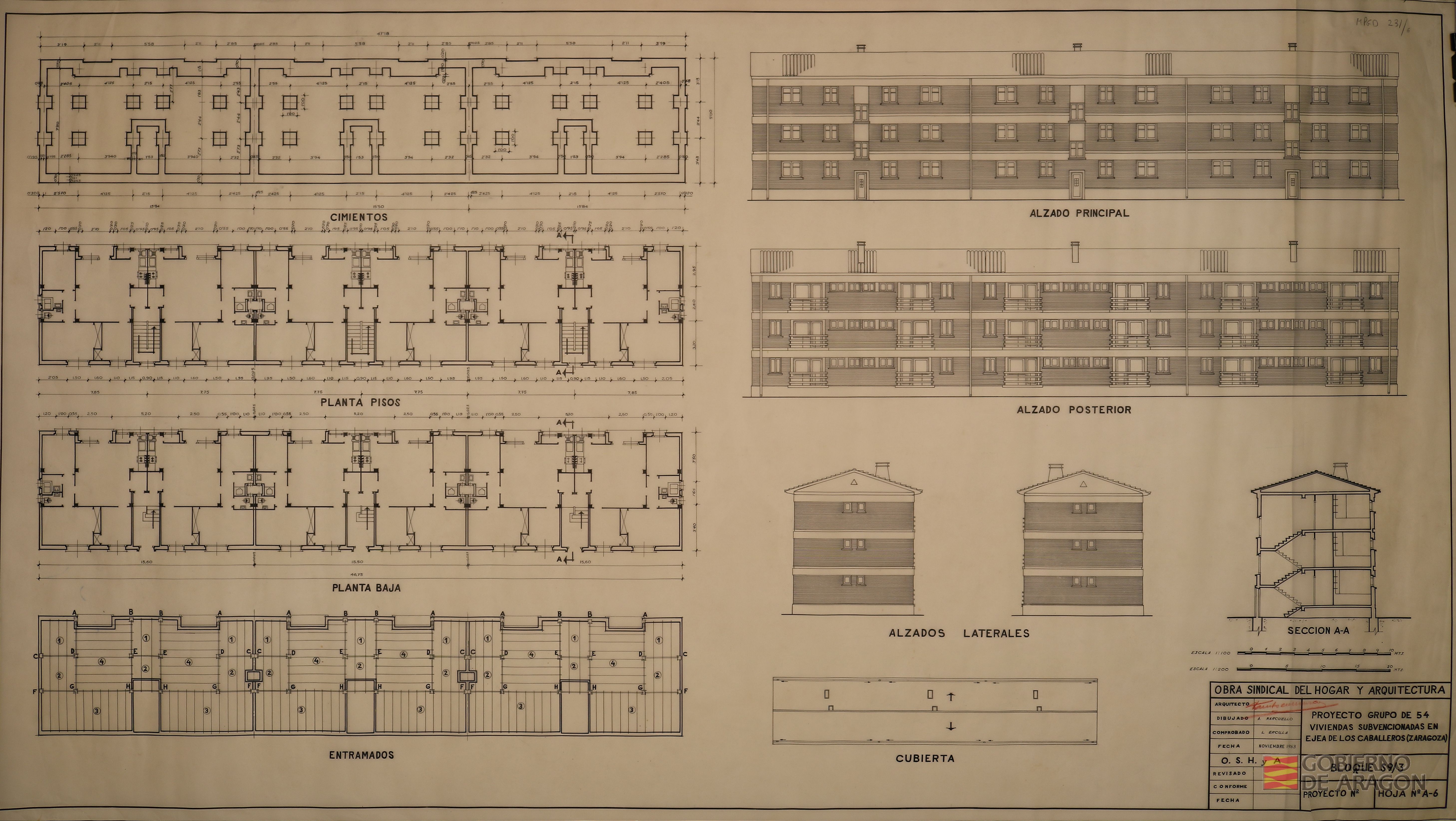 Proyecto de grupo de 54 viviendas subvencionadas S.D. en Ejea de los Caballeros. Hoja nº A-6 Bloque S9/3.. Arquitecto: Fausto García Marco; Dibujo: Augusto Marcuello; Comprobó: L. Ercilla