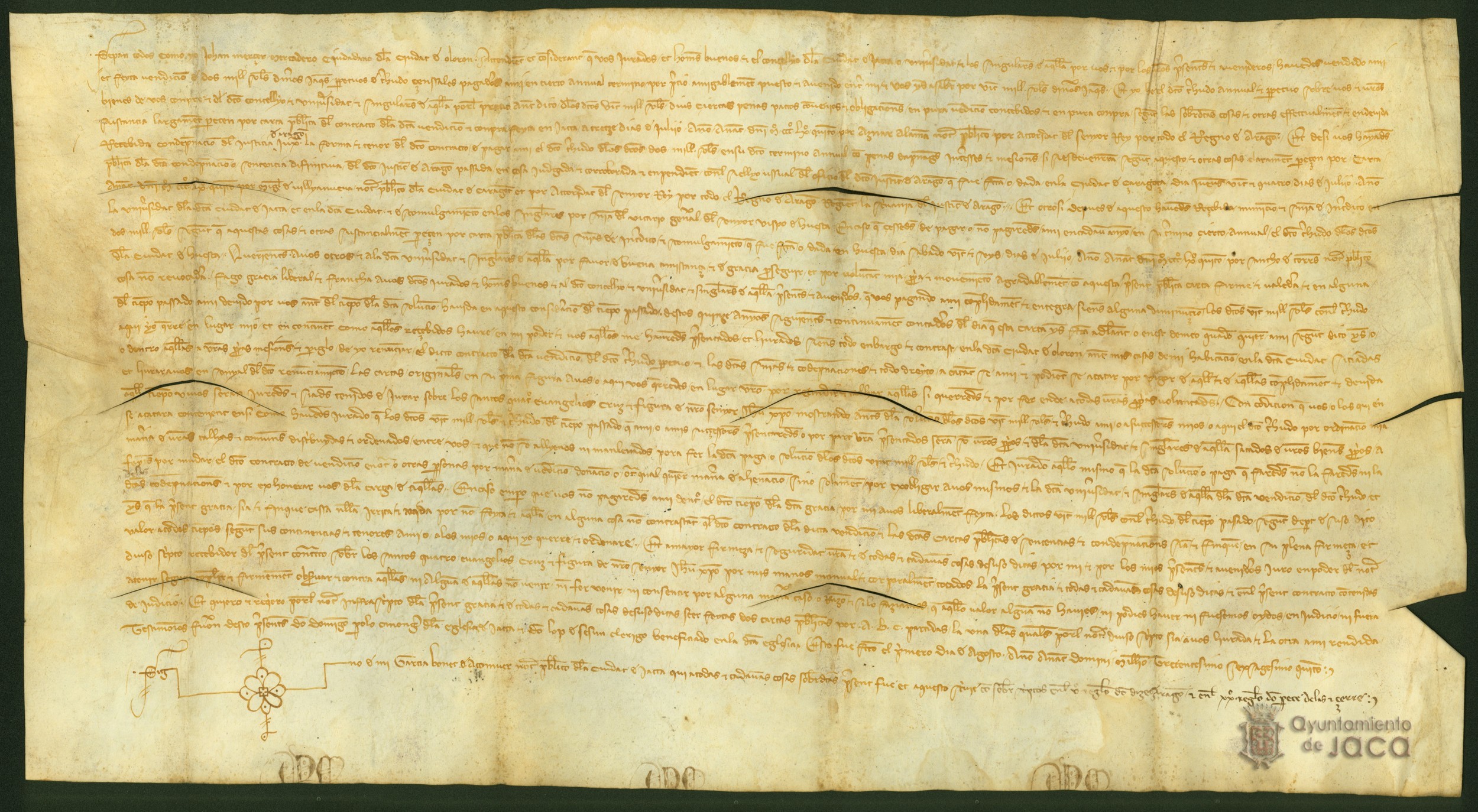 Juan Mercer, ciudadano de Olorón, que había comprado a los jurados y concejo de la ciudad de Jaca un treudo de dos mil sueldos jaqueses, les recuerda las obligaciones que han contraído con él a causa de tal compra.