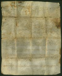 Carta de venta de una finca en la villa de Alcolea de Cinca, otorgada por Guillerma de Raxmat, viuda de Pedro de Cenedo, vecina de dicha localidad, a favor de Pedro Pertusa, por precio de 31 florines de Aragón