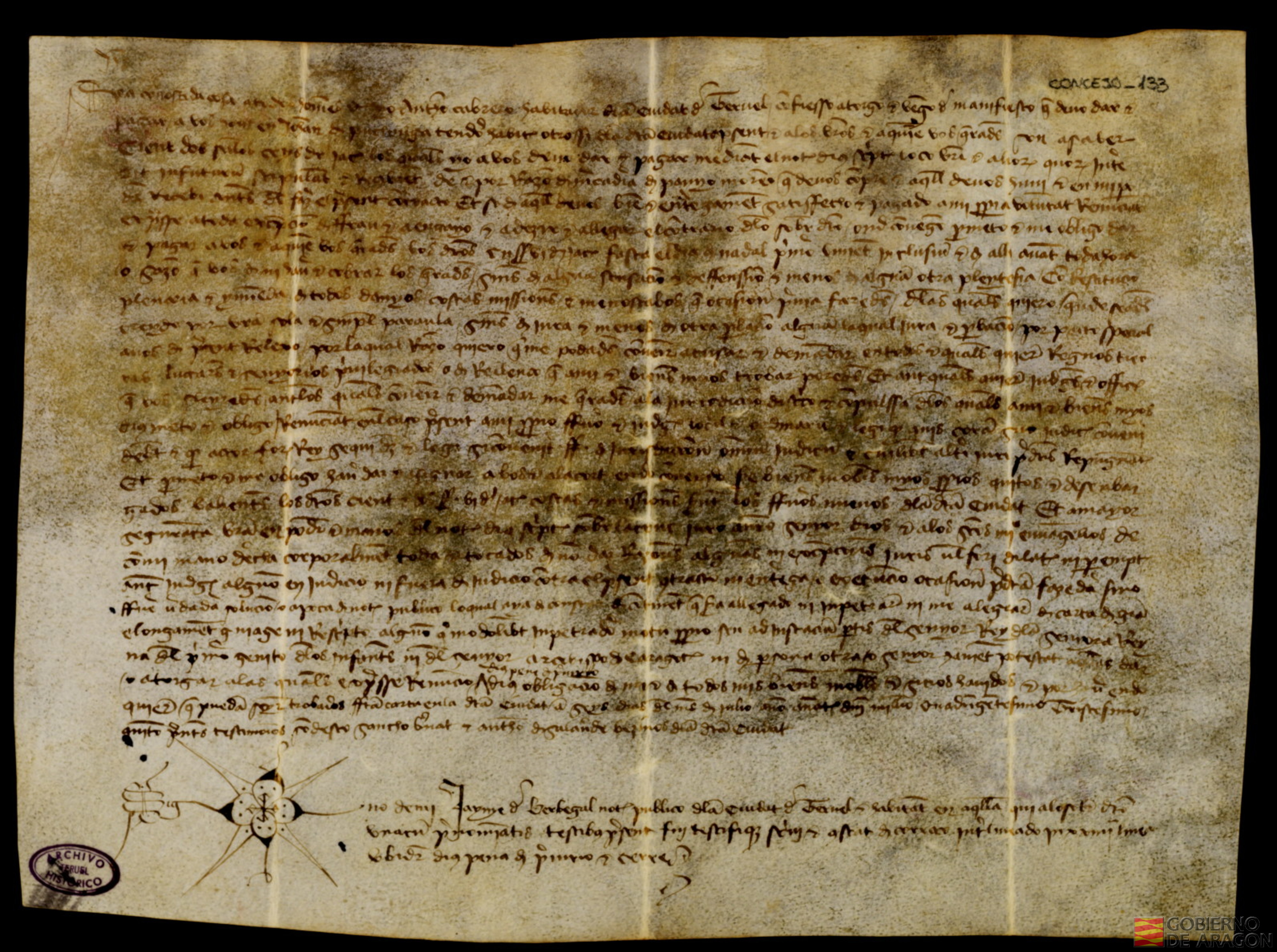 Reconocimiento de una deuda de ciento dos sueldos dineros jaqueses que hace Antón Cabrero, habitante de Teruel a favor de Juan Puigmiga habitante de Teruel, por unas mercerias de paño moreno