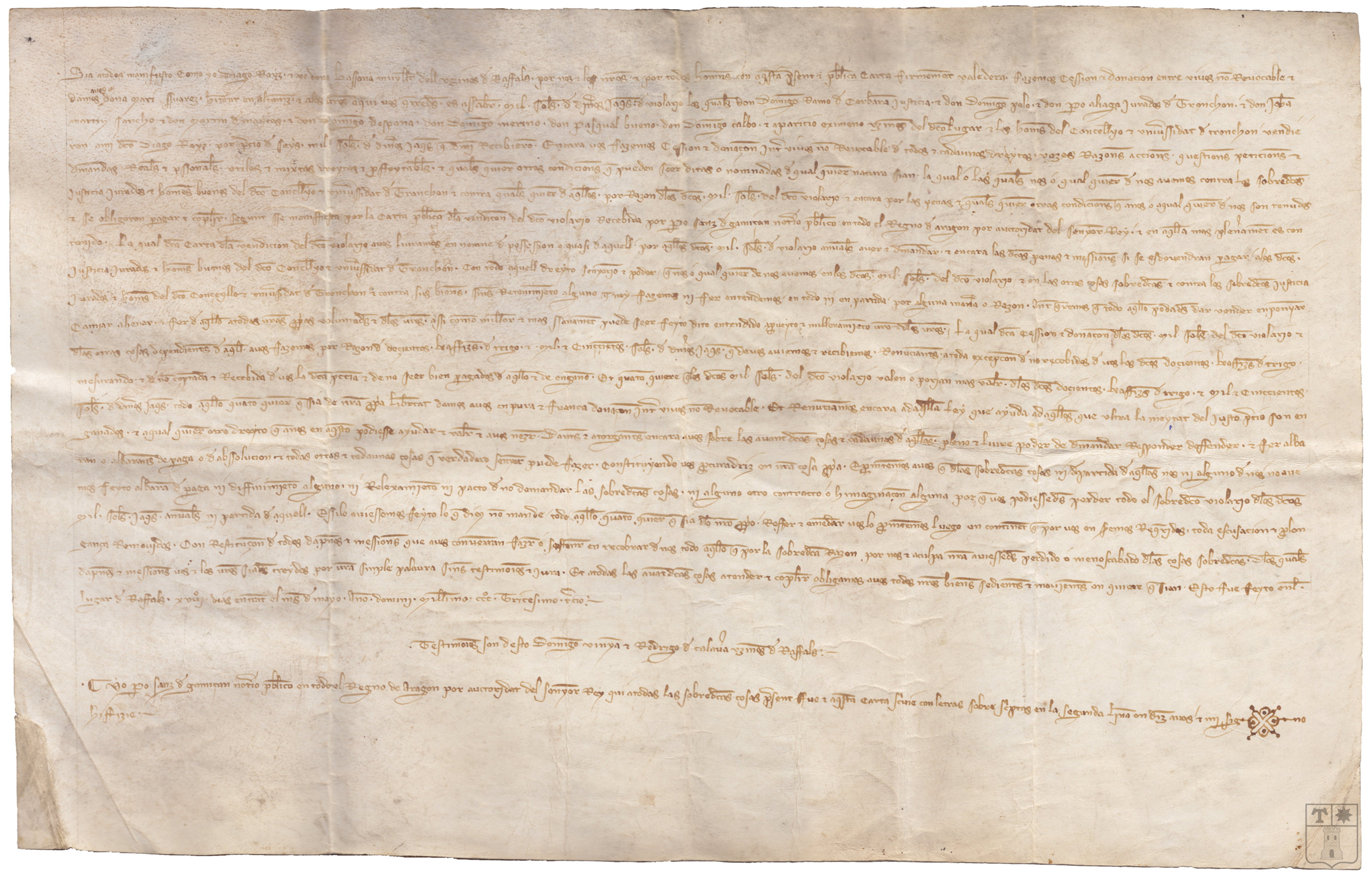 Carta de cesión y donación de Diego Ruiz y su mujer a favor de María Suárez, de Alcañiz, de 1.000 sueldos jaqueses