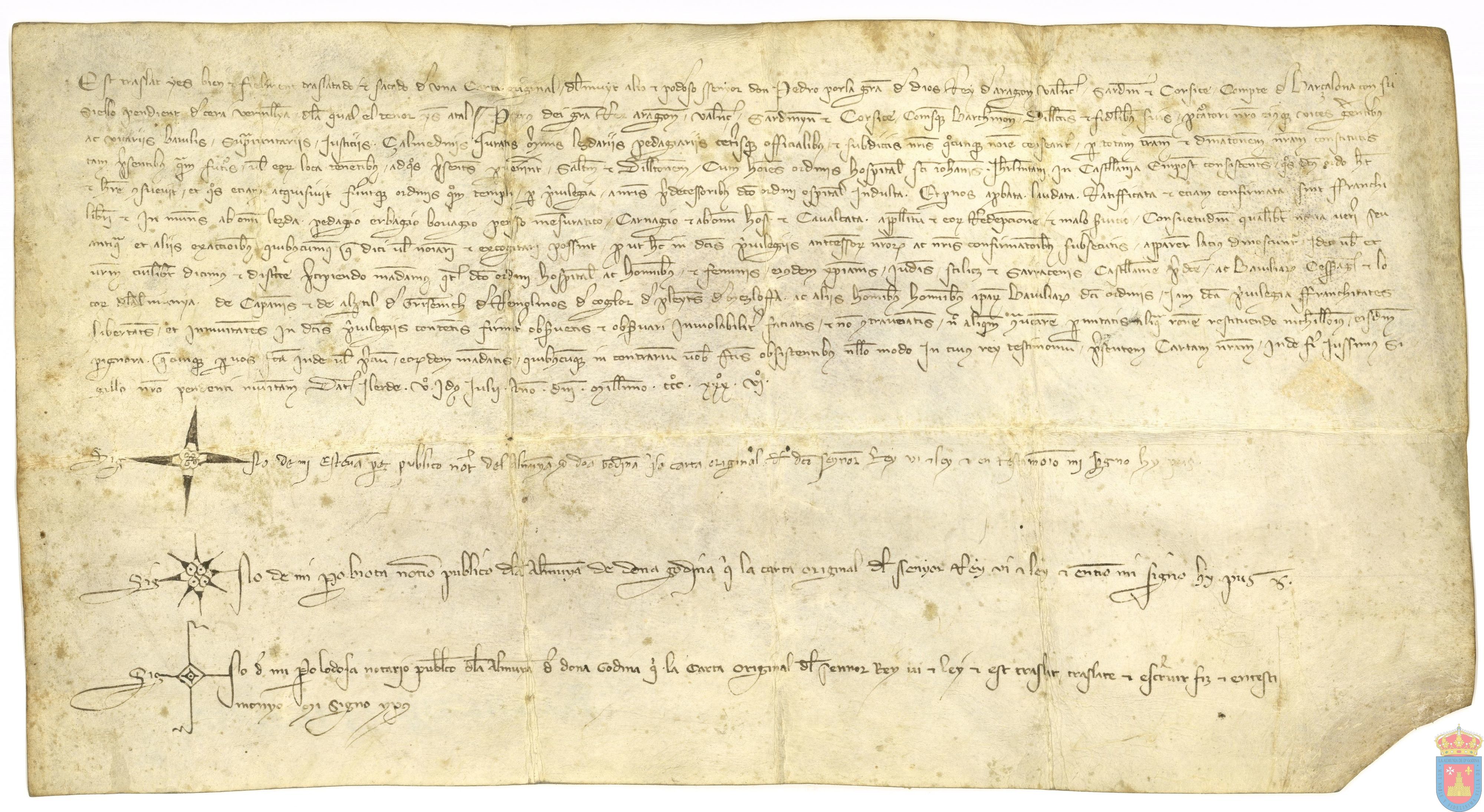 Pedro IV de Aragón recuerda a las autoridades aragonesas que la Orden San Juan, como heredera de la del Temple, goza de exención de impuestos, que debe respetarse en la Bailía de Zaragoza y lugares que tiene en ella la Orden, entre ellos el de La Almunia