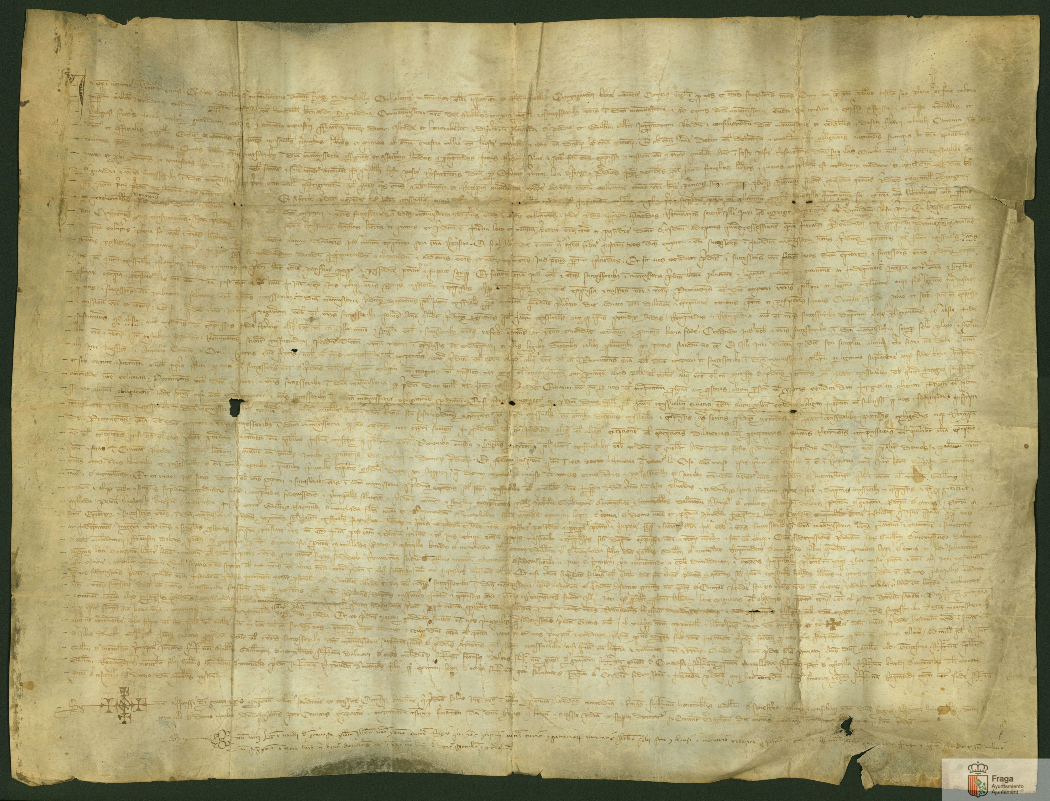 Guillermo de Moncada, senescal de Cataluña, en calidad de manumisor del testamento del conde de Urgell, vende al convento de San Francisco de Lérida y otros consejeros de dicha manumisión, un censal de 600 sueldos jaqueses anuales sobre las rentas de Fraga, por precio de 8.400 sueldos. Entrega como seguridad del pago su palacio de Lérida y una almunia cerca de Fraga.