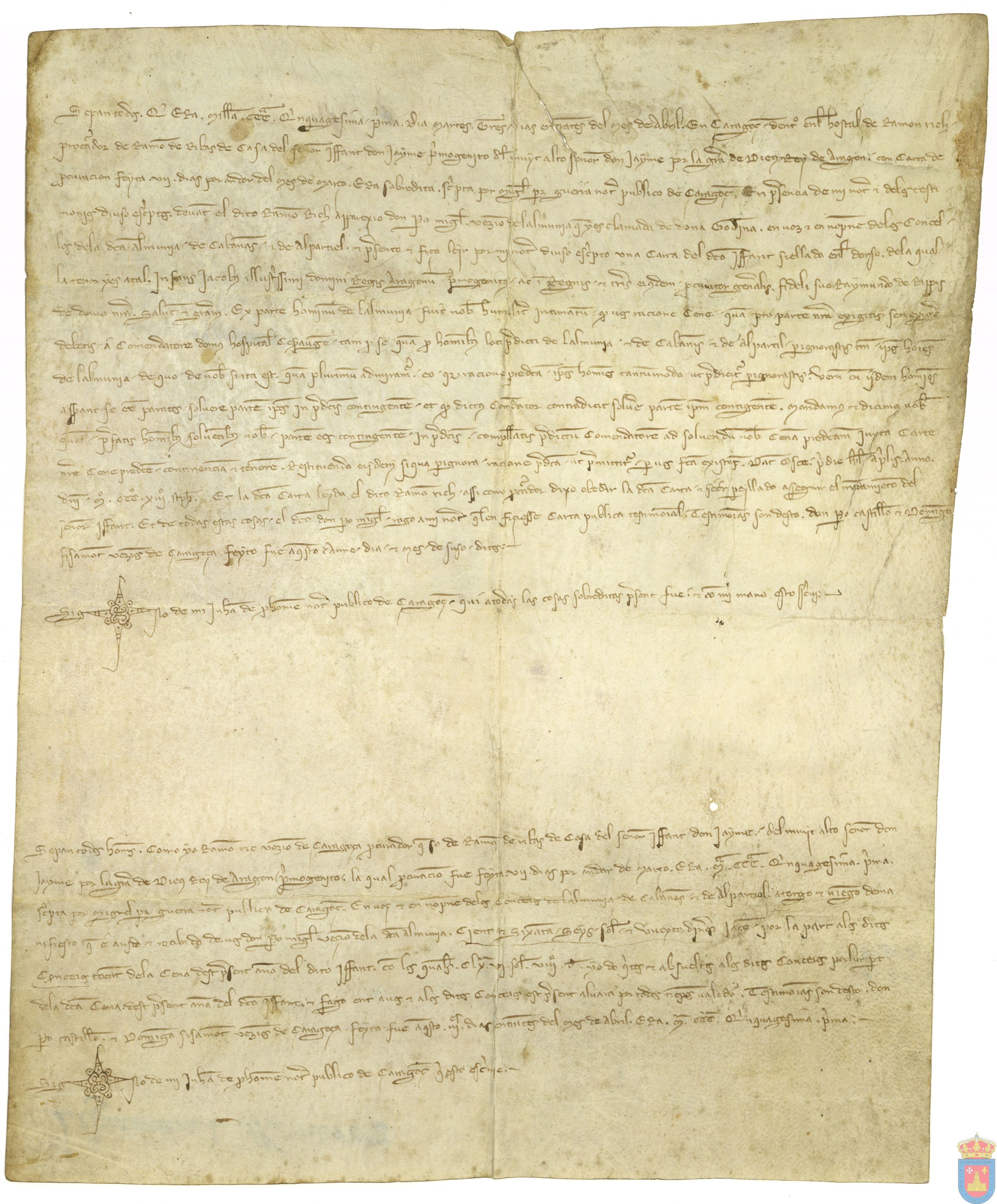 El procurador de La Almunia de Dª Godina, Cabañas y Alpartir presenta un documento del infante Jaime de Aragón, en relación con el pago de la cena del año, por parte de dichos concejos, y el representante del infante recibe su importe