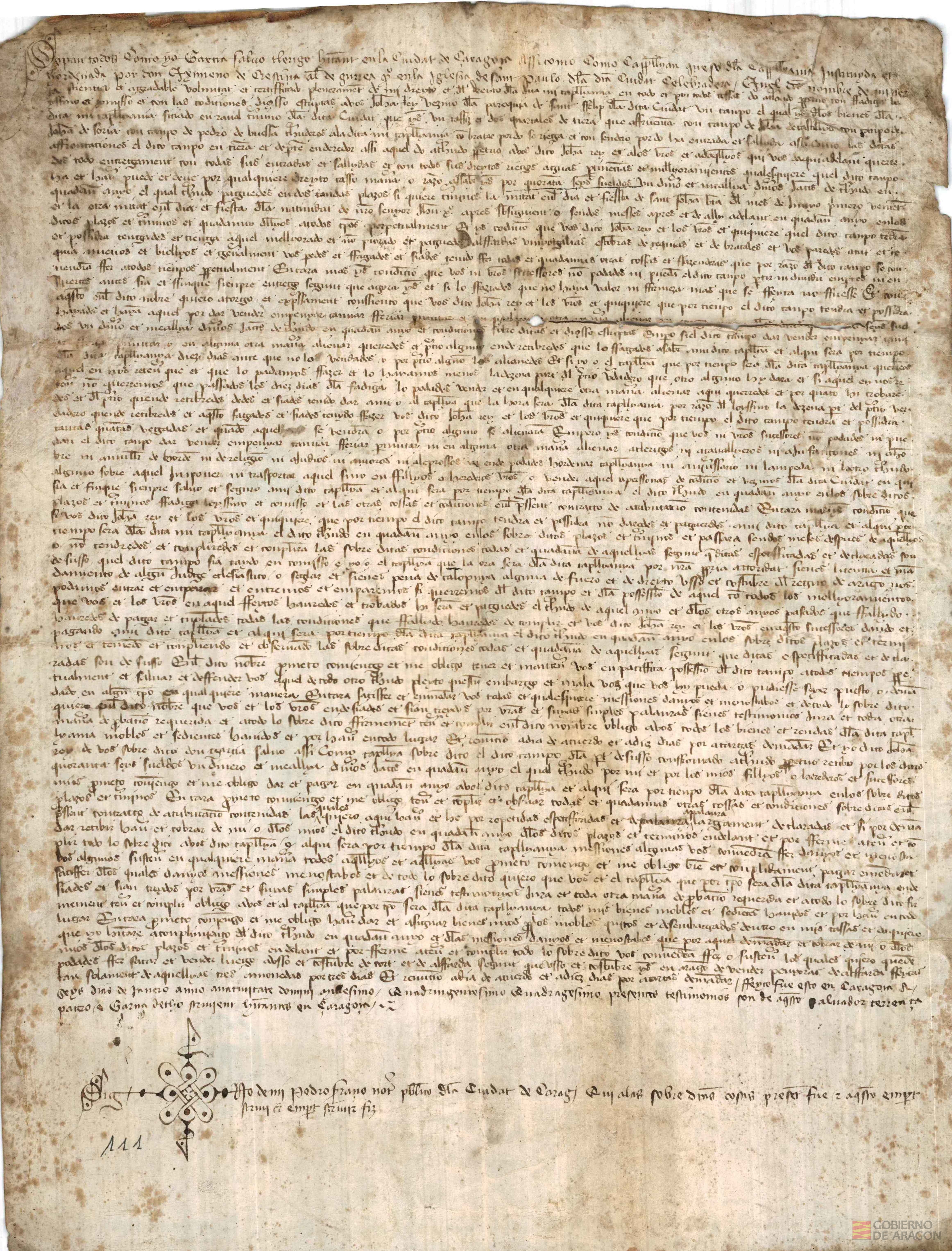 García Salvo,clérigo,capellán de la capellanía establecida por Don Ximeno de Crestina, alias de Gurrea,en la parroquia de San Pablo de Zaragoza,da a treudo a Juan Rey,vecino de la parroquia de San Felipe,un campo sito en el término de Zaragoza,por 46 sueld