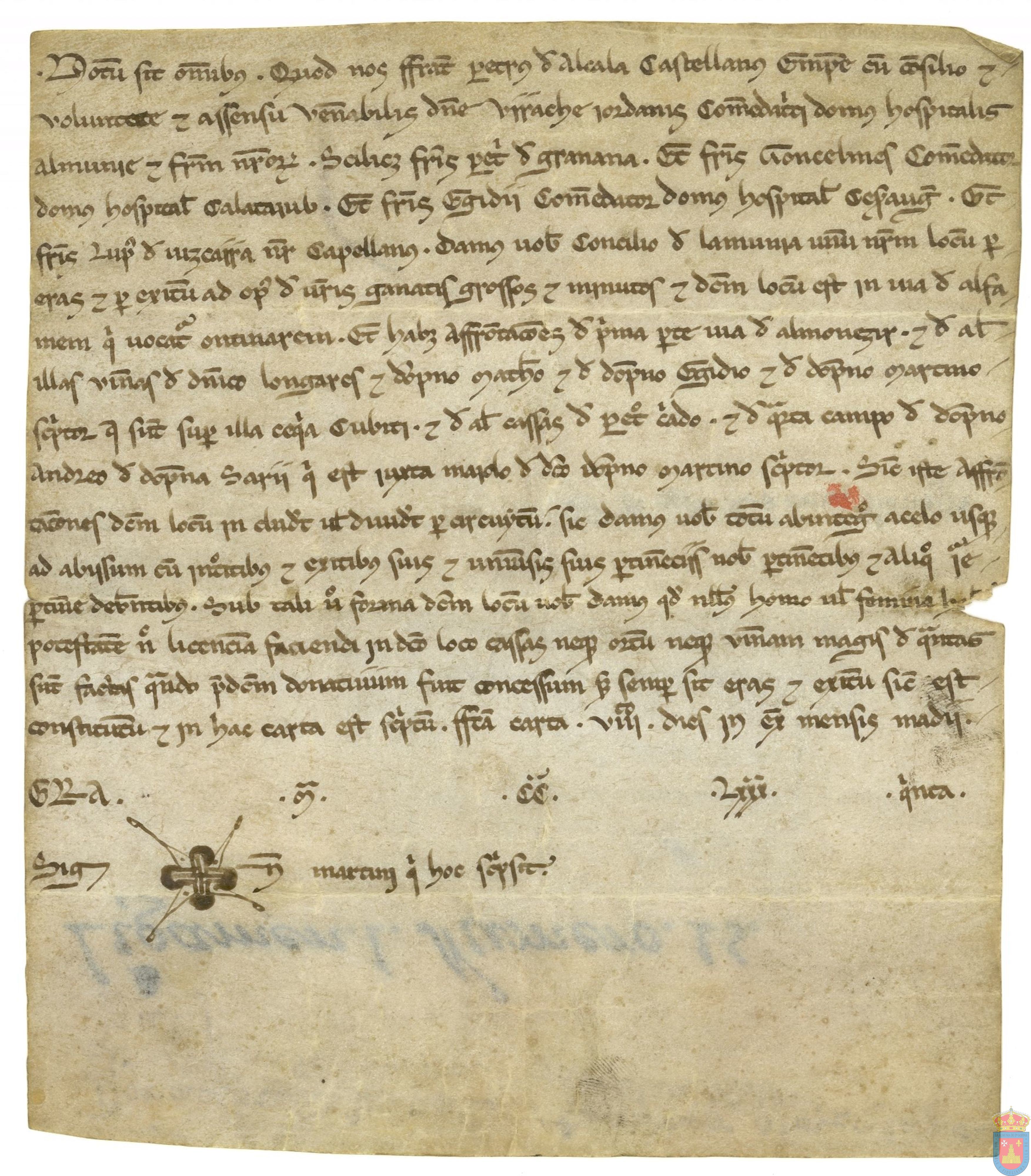 Fray Pedro de Alcalá, castellán de Amposta, en nombre de la Orden del Hospital de San Juan de Jerusalén, cede a La Almunia de Dª Godina un terreno para eras y ejido en la partida Ontinares, camino de Alfamén