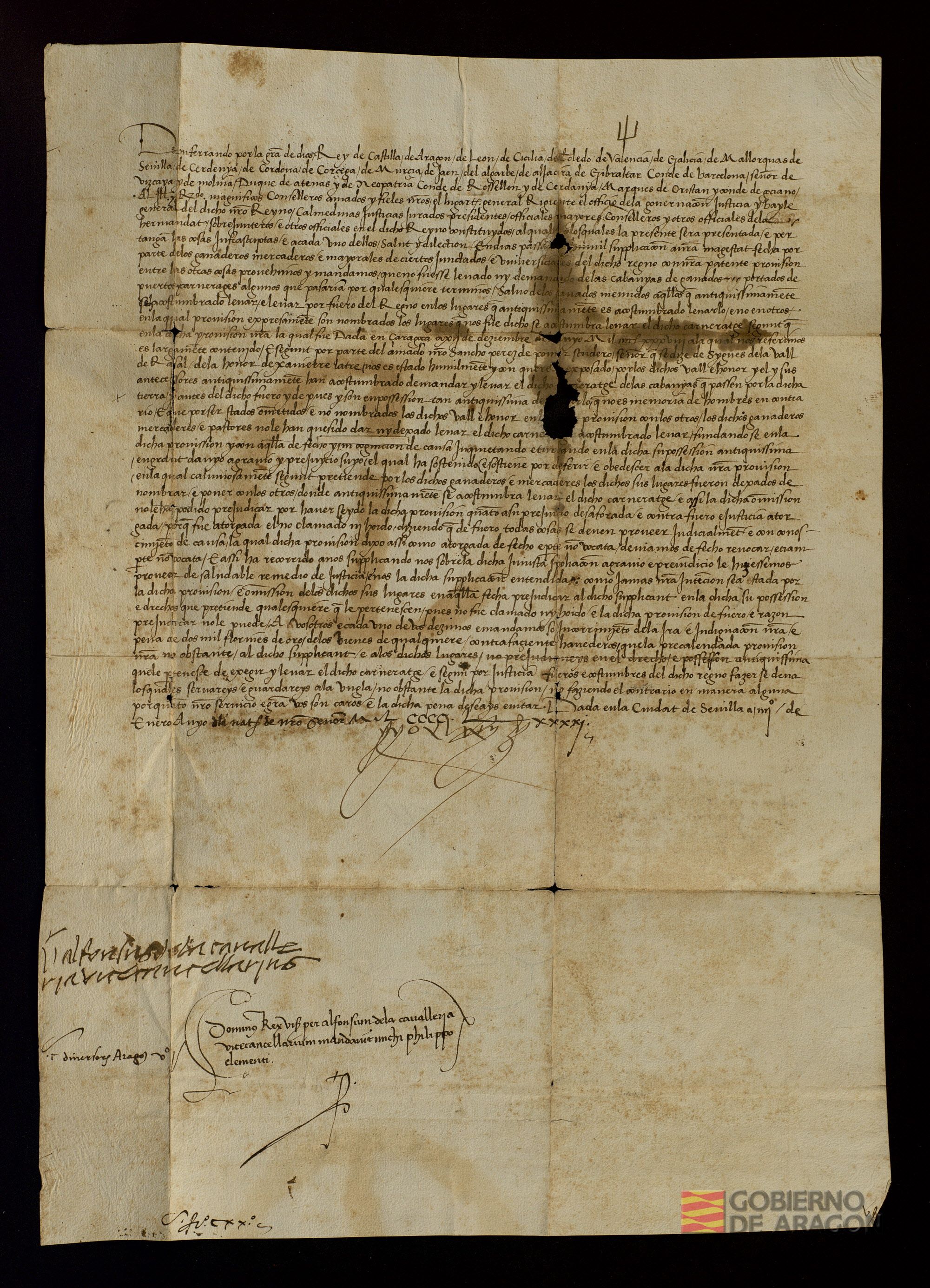 Fernando II de Aragón autoriza a Sancho Pérez de Pomar, escudero señor de Sigüés, Rasal y Javierrelatre, a recaudar el carneraje de los ganados que atraviesen sus tierras, pese a una provisión anterior en sentido contrario dada en Zaragoza a 22 de diciembre de 1488