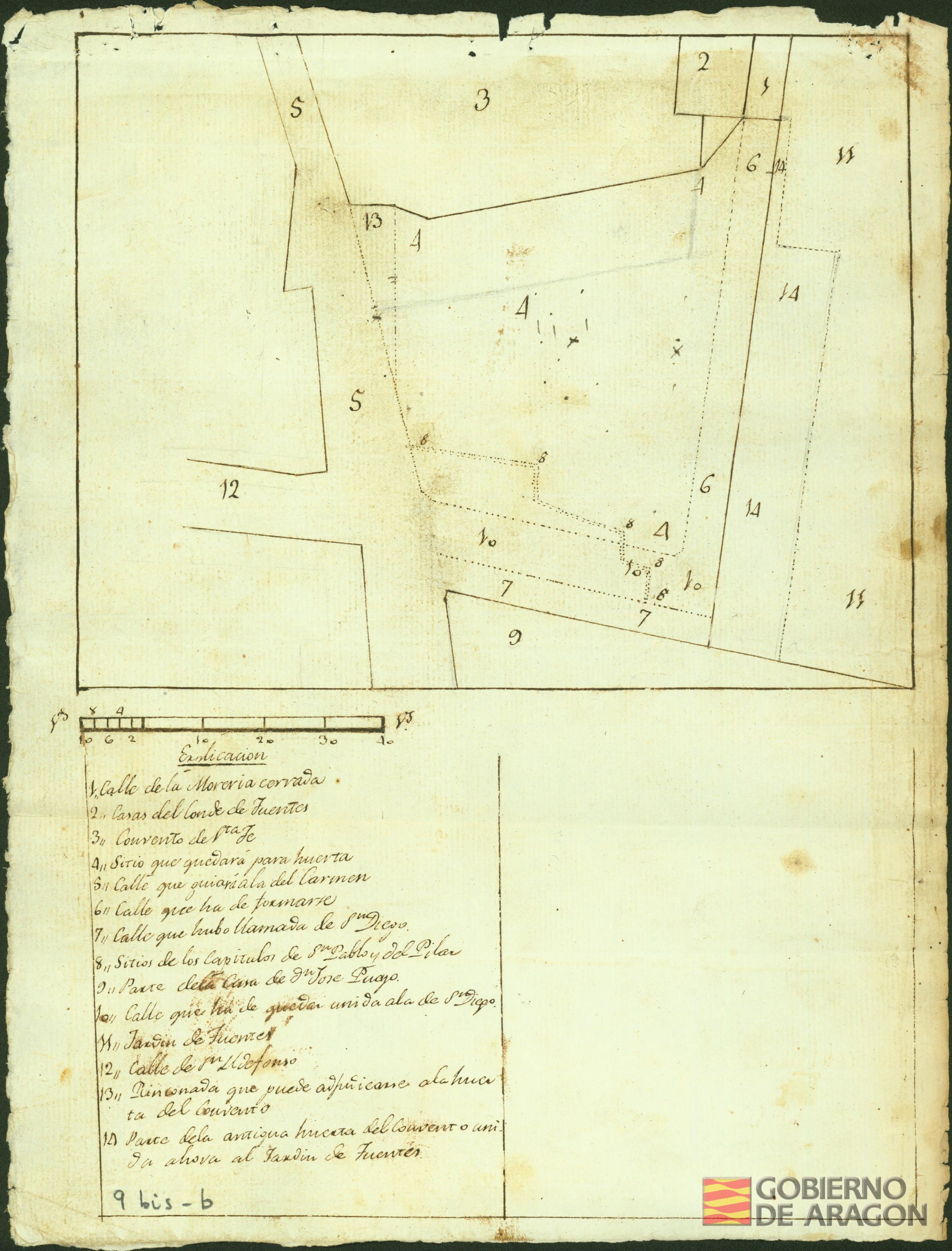 Plano del terreno que forma la Plaza donde estuvo la Huerta de Santa Fé, y los sitios de las casas de los Capítulos del Pilar y San Pablo, y casas del Conde de Fuentes