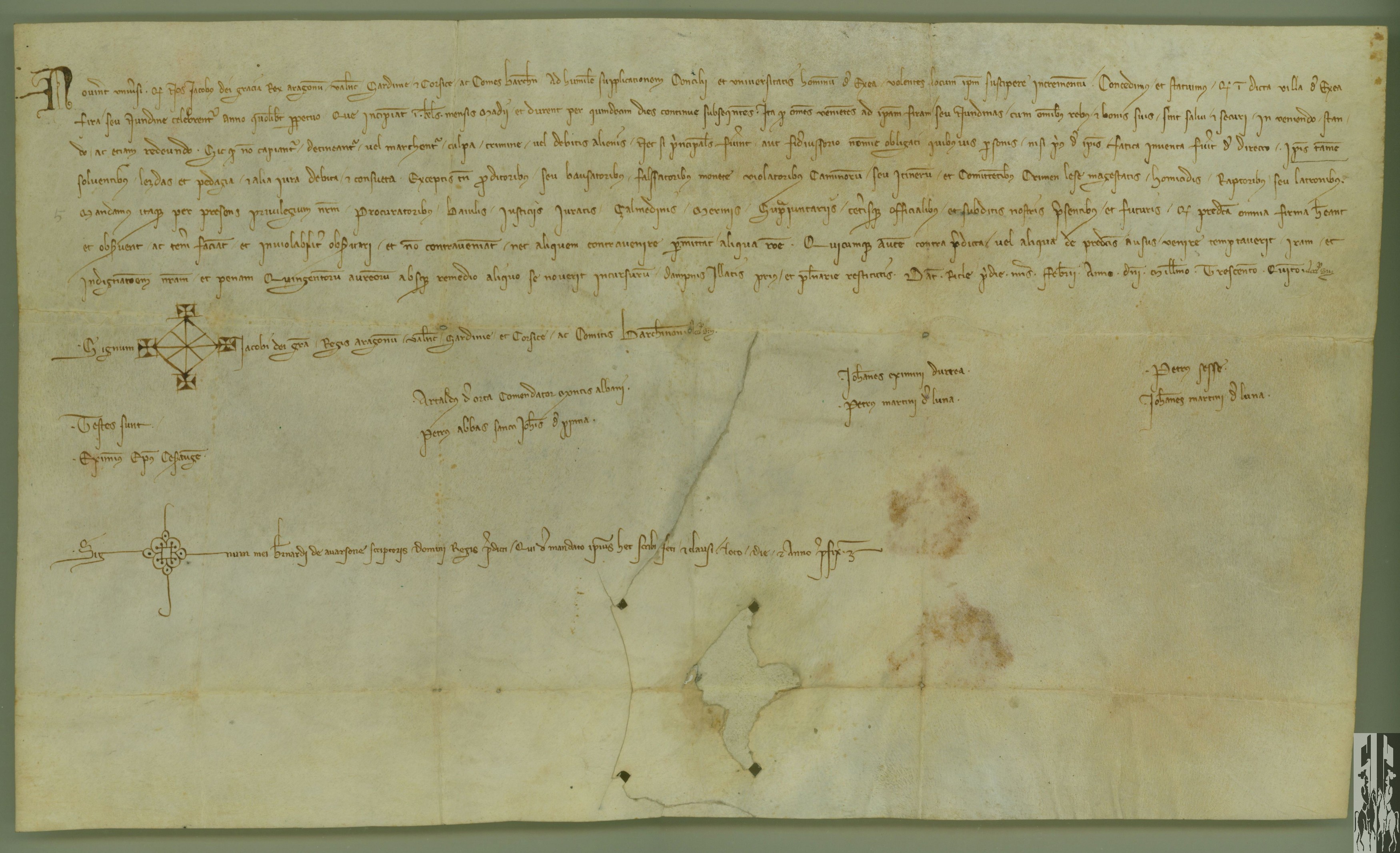 Jaime II, rey de Aragón, concede a la villa de Ejea la celebración de una feria desde el 1 hasta el 15 de mayo de todos los años, y libera de lezdas y garantiza la seguridad de quienes acudan a ella